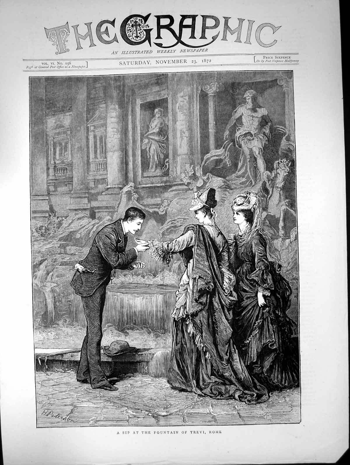 Old Antique Print 1872 Sip Fountain Trevi Rome Italy Man Ladies Romance 19th