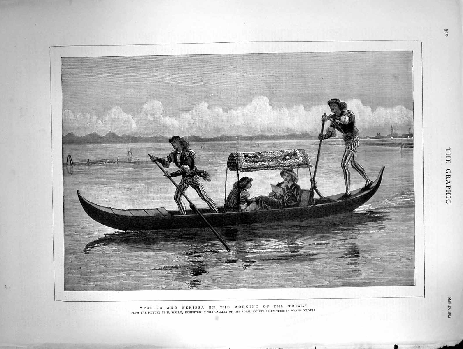 Original Old Antique Print 1882 Portia Nerissa Morning Trial River Boat Wallis