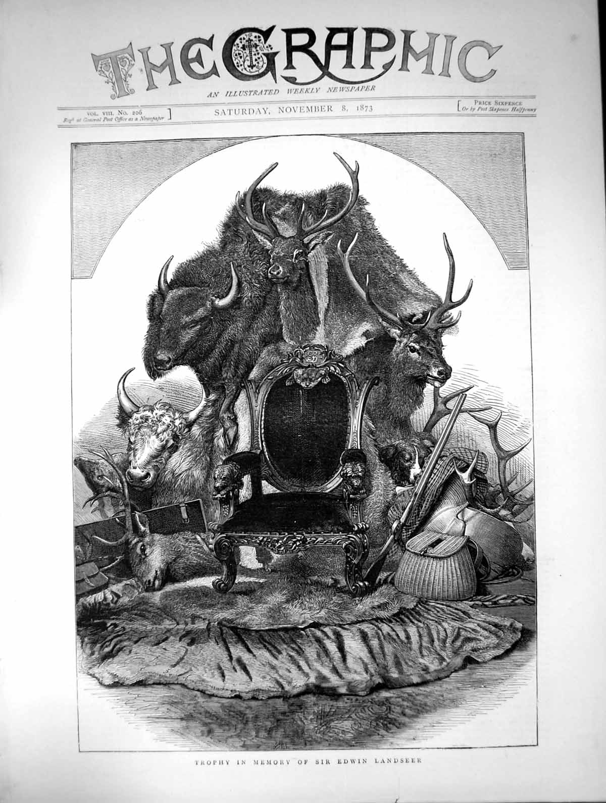 Original Old Antique Print 1873 Hunting Trophy Memory Sir Edwin Landseer 19th