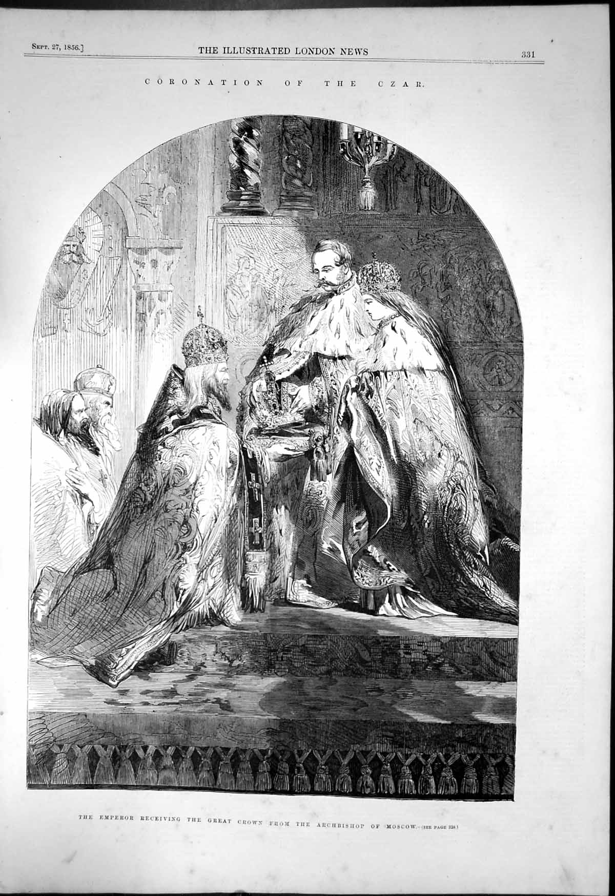 Original Old Antique Print Coronation Czar Emperor Crown Archbishop Moscow 1856