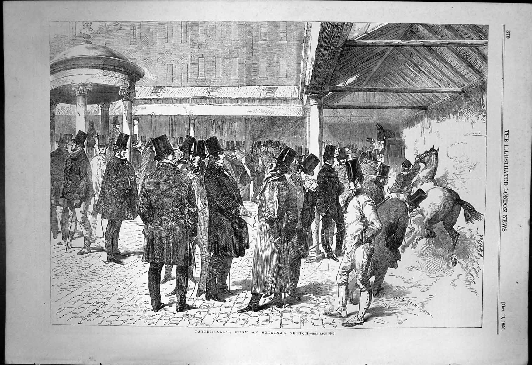 Old Print Tattersalls Well Dressed Gents Gathered Before Horse Race 1856 19th