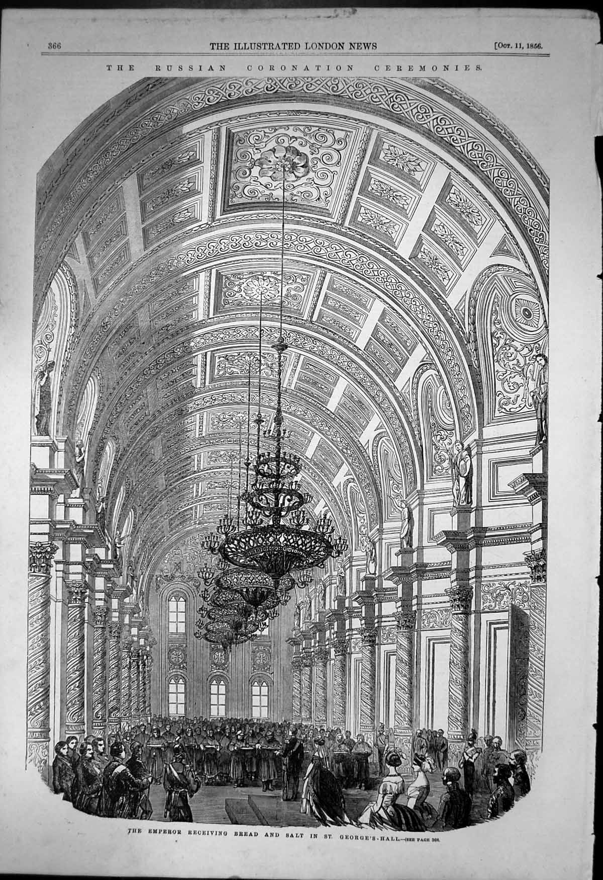 Original Old Antique Print Emperor Ereceiving Bread Salt St Georges Hall 1856
