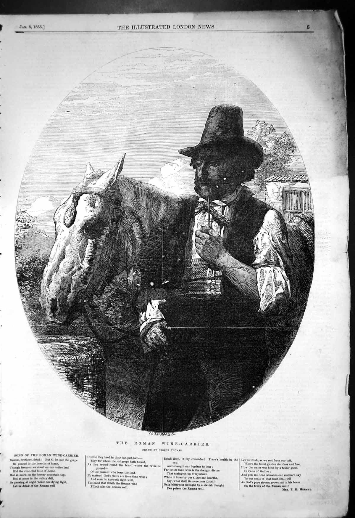 Antique Print Roman Wine Carrier George Thomas Song Horse Smoking Pipe 1855