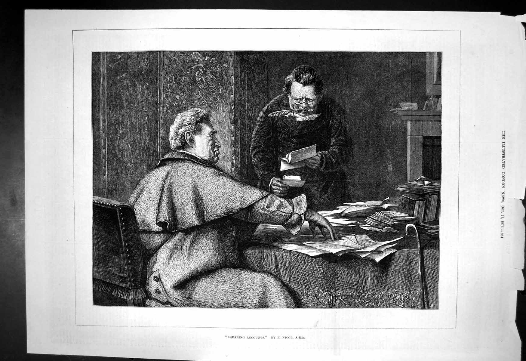 Original Old Antique Print Squaring Accounts E Nicol Two Men Papers Table 1876