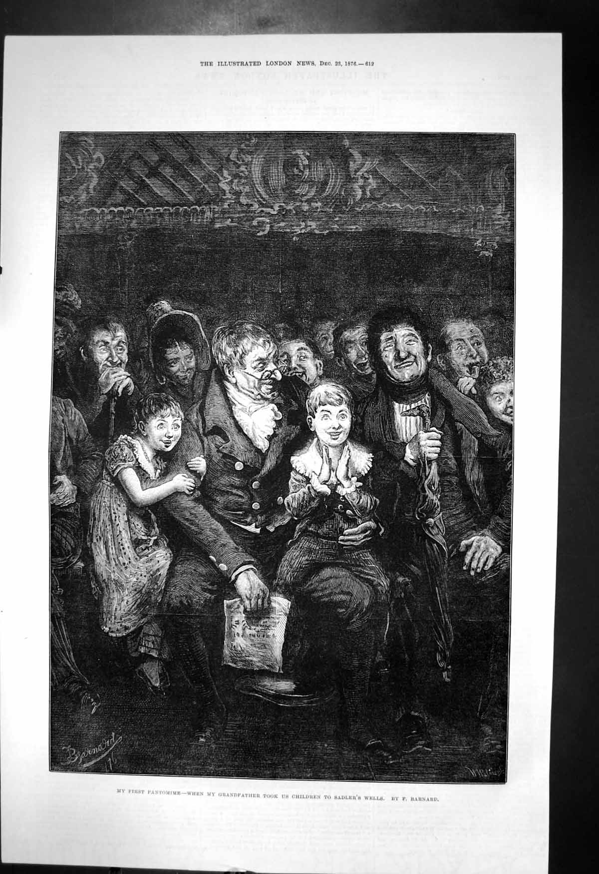Old Print My First Pantomine Grandfather Took Children Sadlers Wells 1876 19th