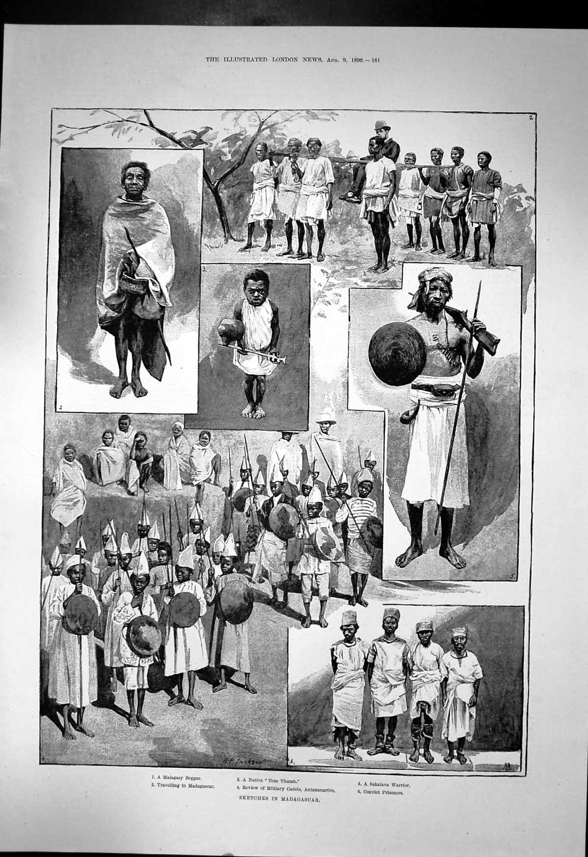 Antique Old Print Sketches Madagascar Malagasy Beggar Sakalava Warrior 1890