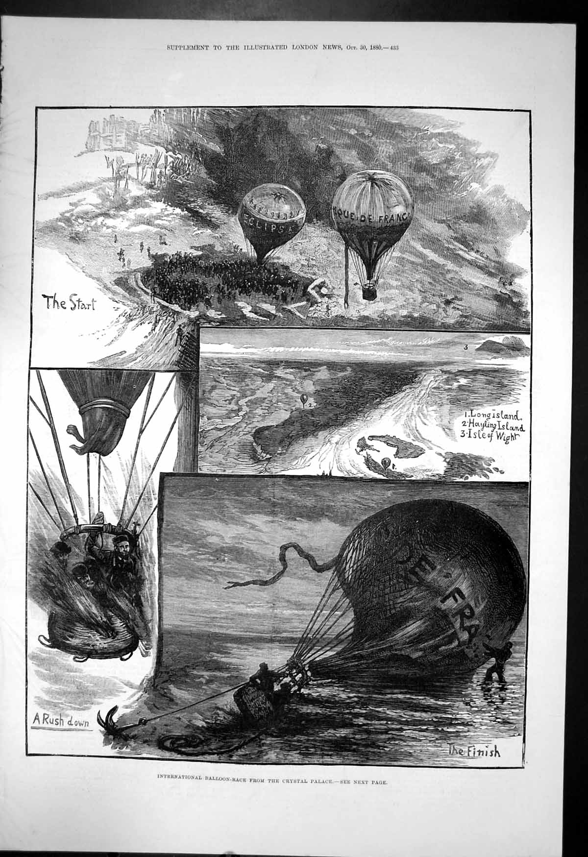Old Print International Balloon Race From Crystal Palace Isle Wight 1880 19th