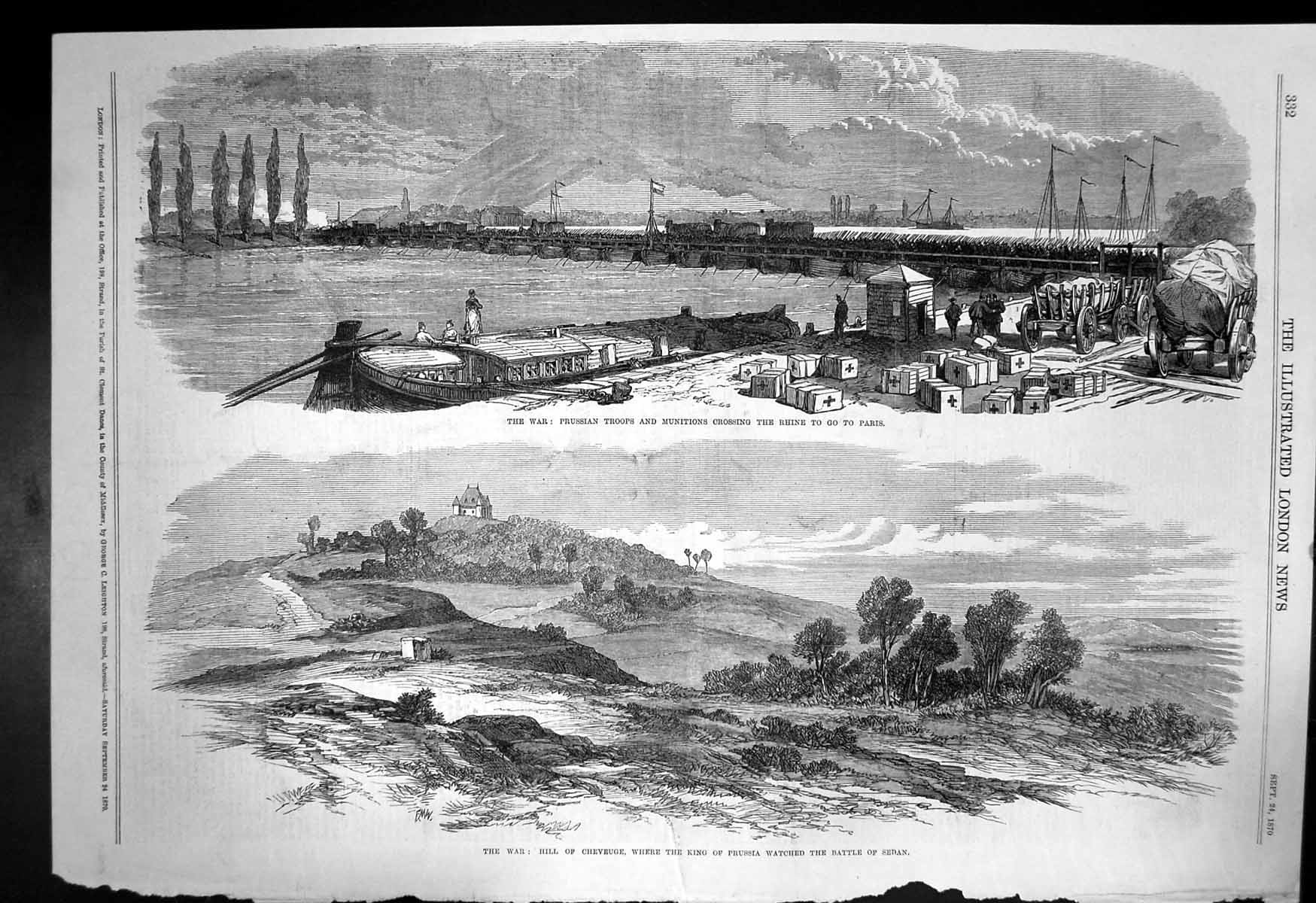 Antique Old Print War Prussian Troops Crossing Rhine Paris Hill Cheveuge 1870