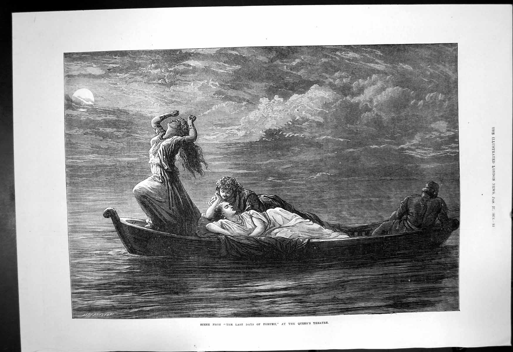 Original Old Antique Print Scene Last Days Pompeii Queens Theatre Boat 1872