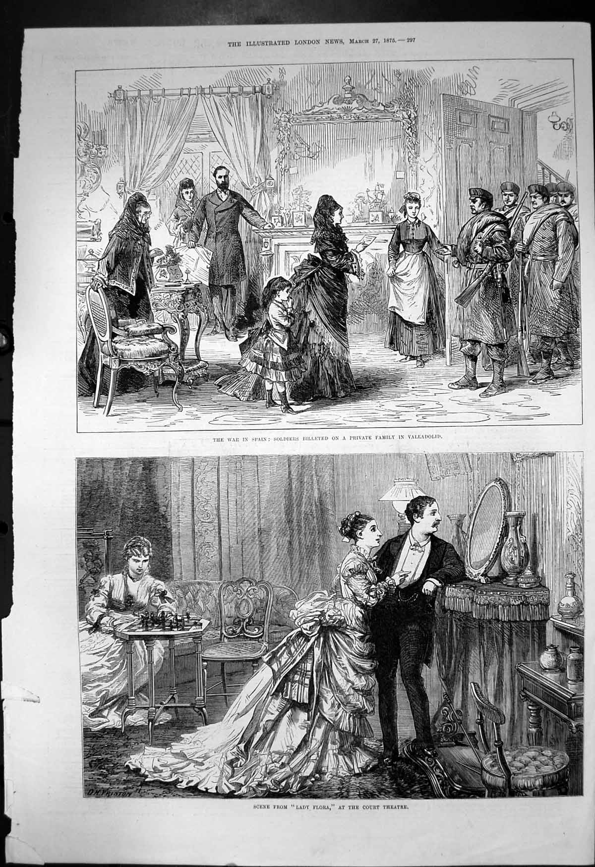 Antique Old Print War Spain Siers Billeted Family Valladolid Lady Flora 1875