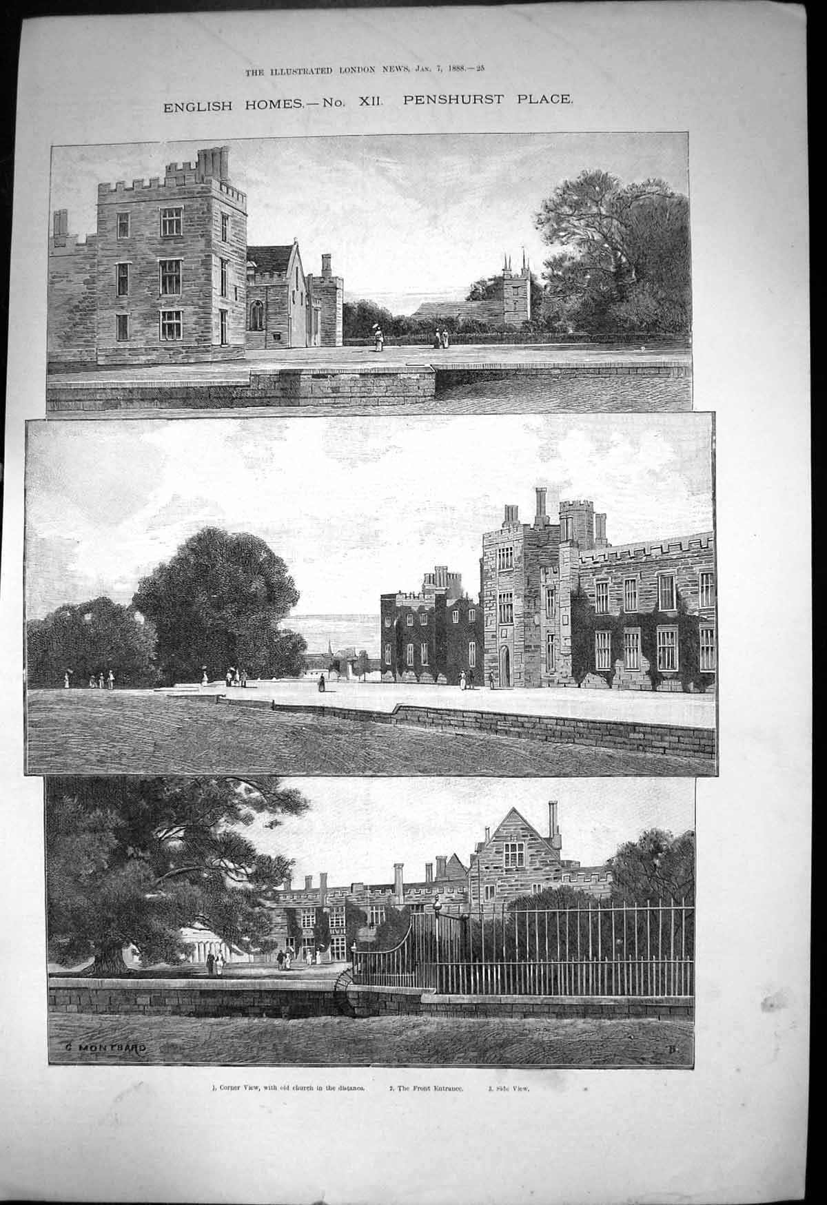 Old Antique Print English Homes Penshurst Place Corner View Church 1888 19th