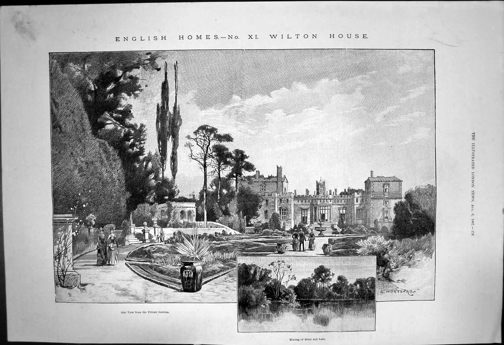 Old Print English Homes Wilton House Side View Private Gardens Lake 1887 19th