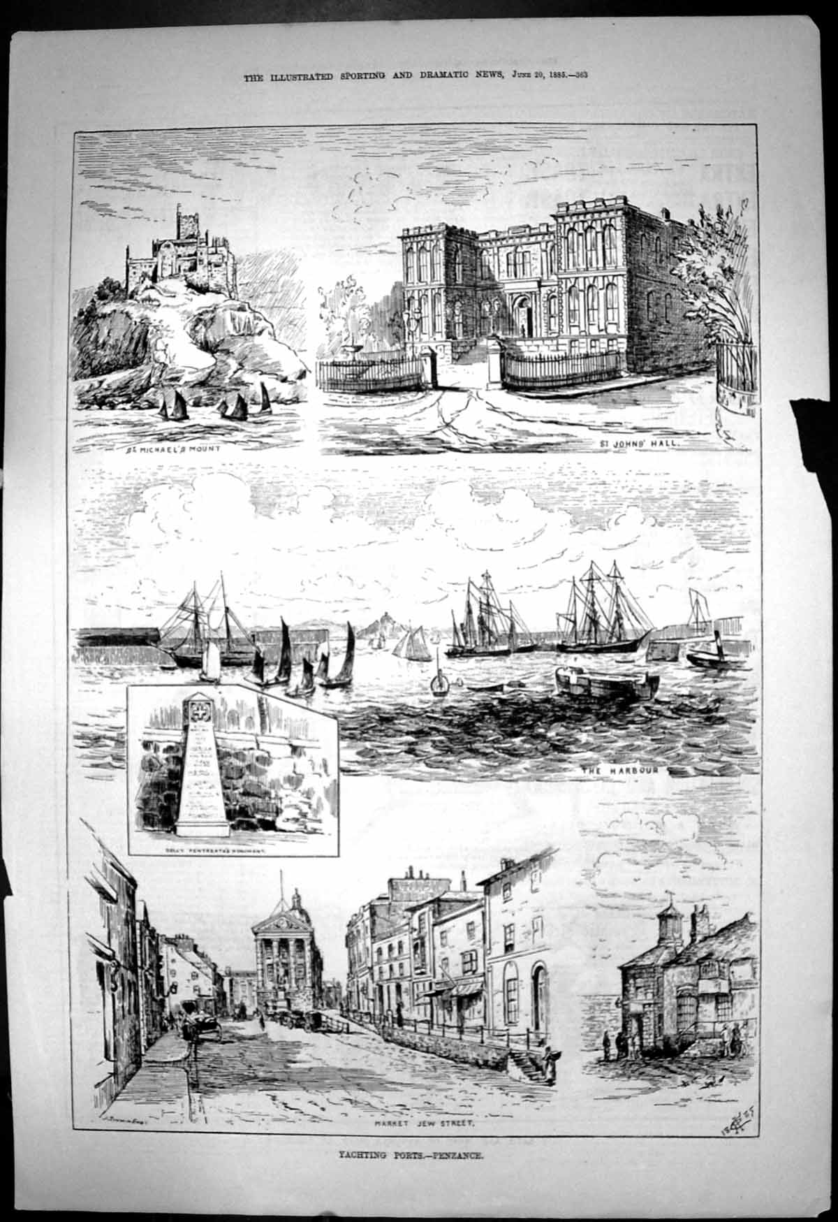 Antique Print Yachting Ports Penzance St Michaels Mount St Johns Hall 1885 19th
