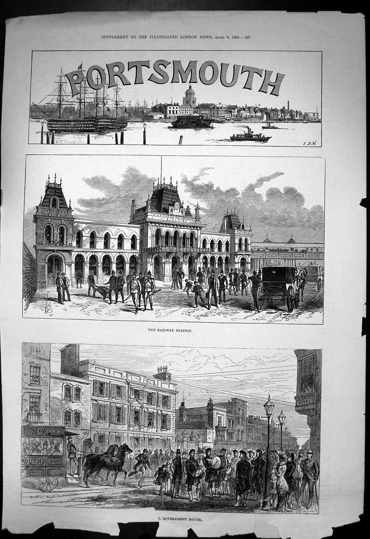 Antique Print Portsmouth Railway Station High Street Government House 1882 19th