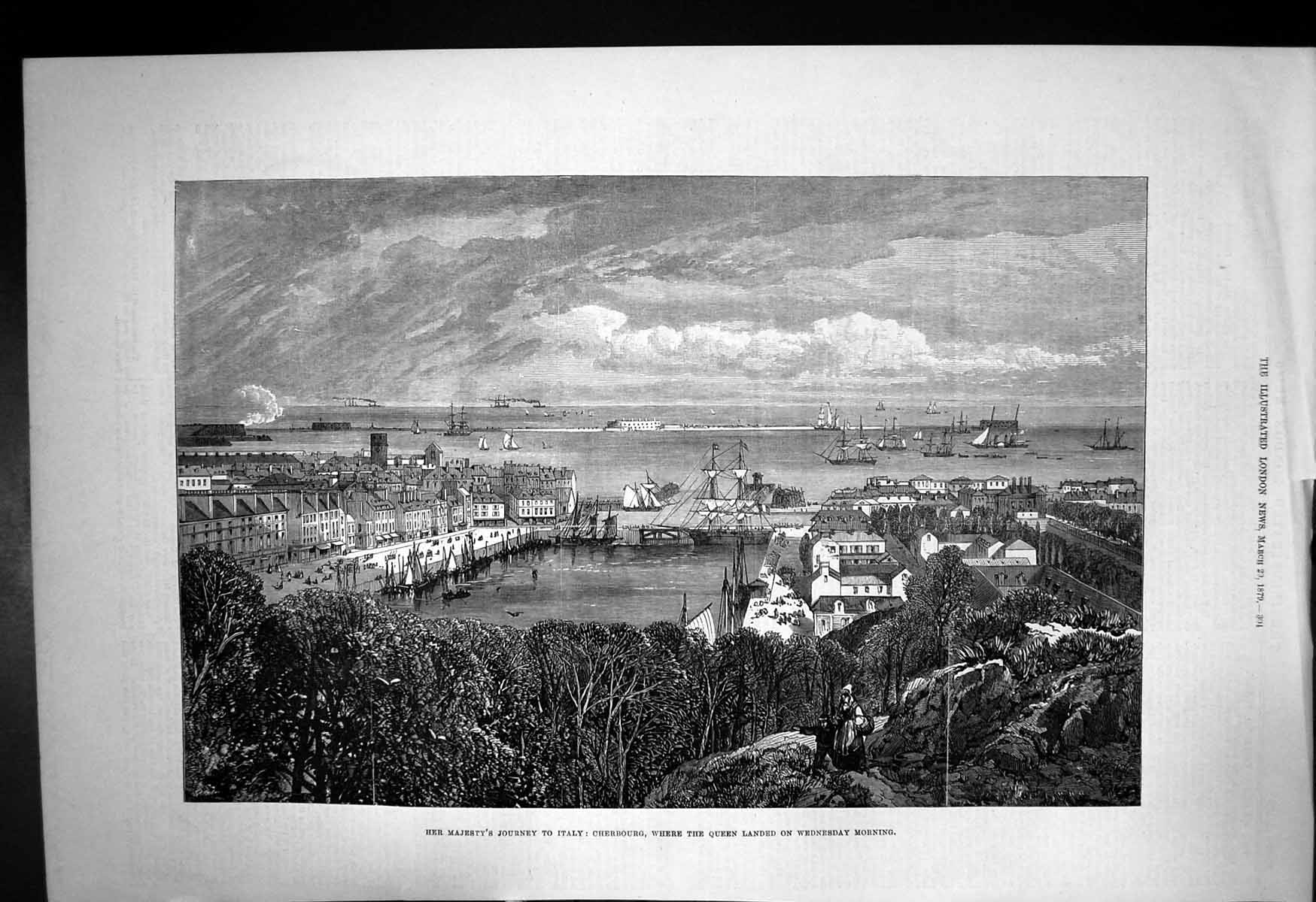Antique Print Queens Journey Italy Cherbourg Queen Landed Harbour Bay 1879 19th