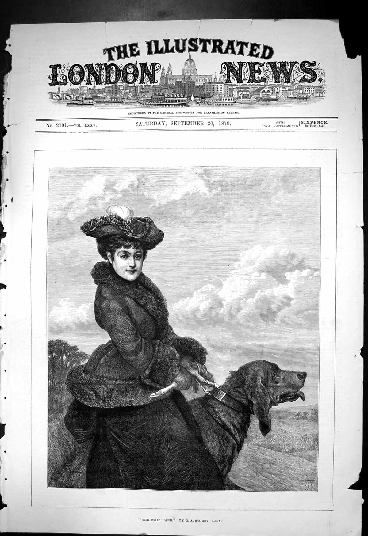 Original Old Antique Print Whip Hand G A Storey Lady Hing Large Dog Lead 1879