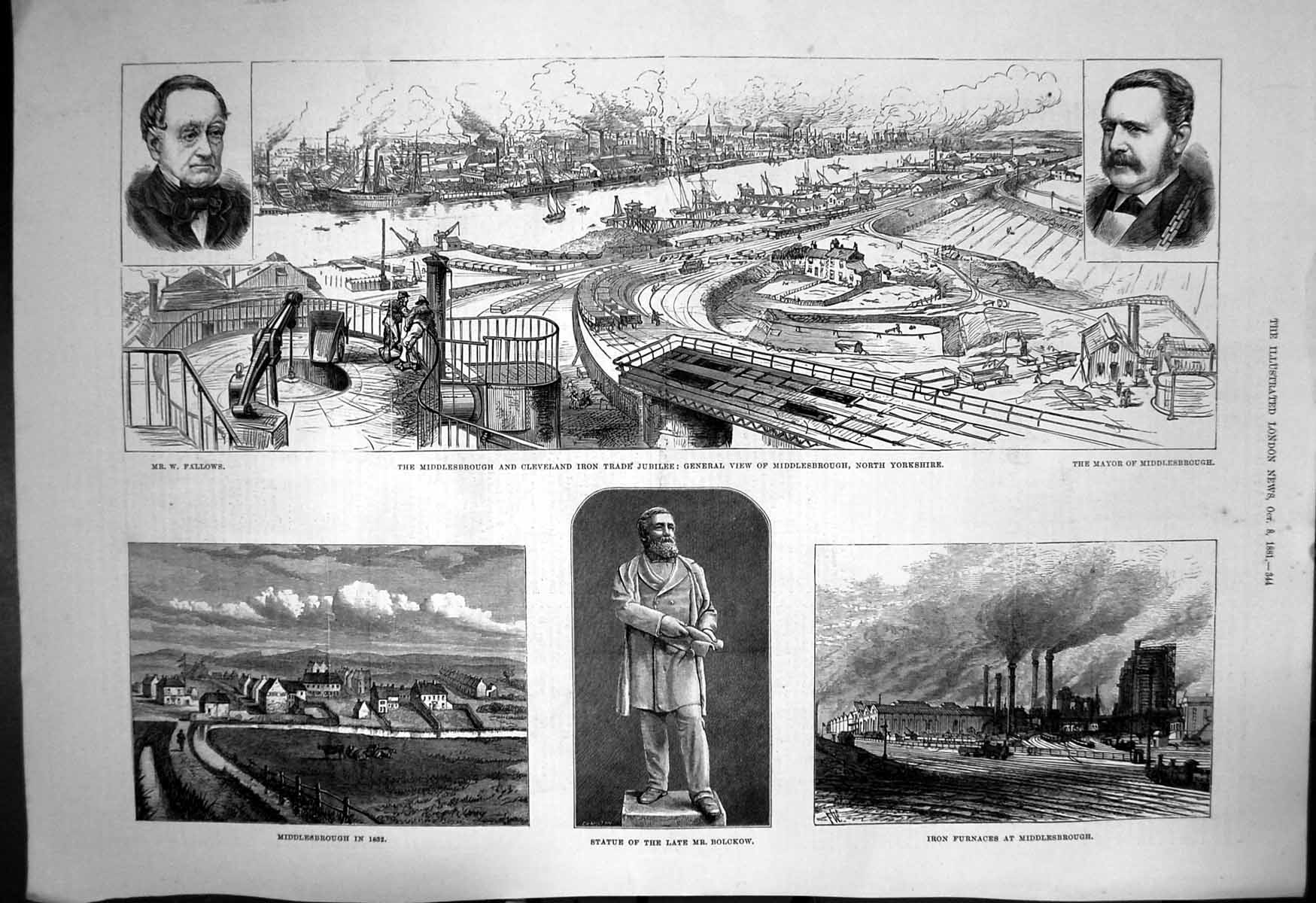 Old Print Middlesbrough Cleveland Iron Trade Jubilee Statue Bolckow 1881 19th