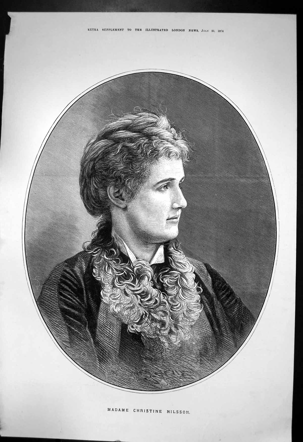 Antique Print Portrait Madame Christine Nilsson Woman Long Curly Hair 1874 19th