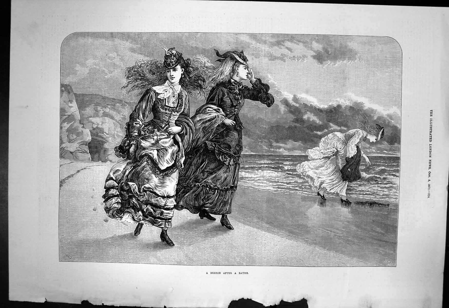 Antique Print Breeze After Bathe Three Women Beach Hair Blowing Breeze 1872