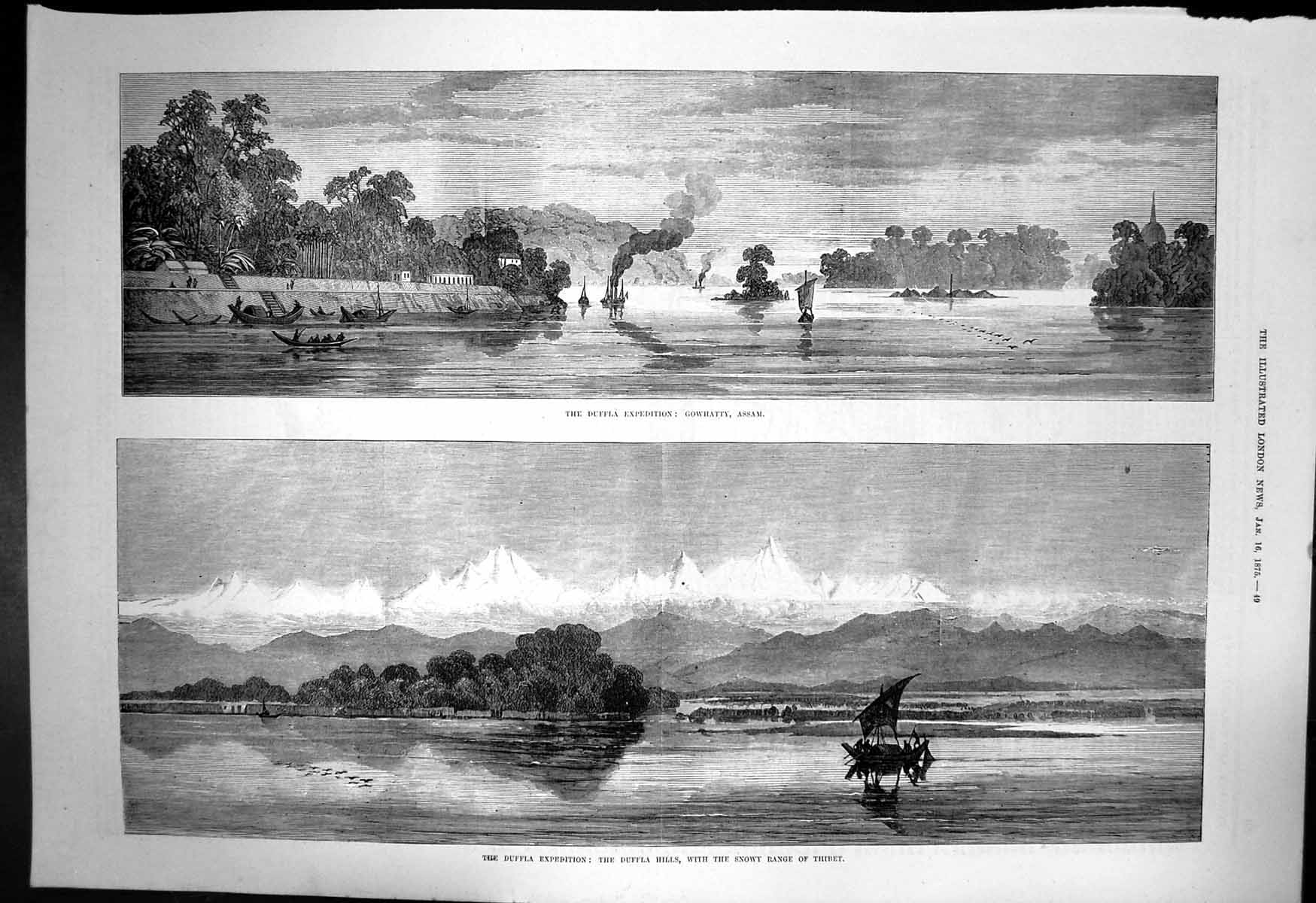 Old Print Duffla Expedition Gowhatty Assam Hills Snowy Range Thibet 1875 19th