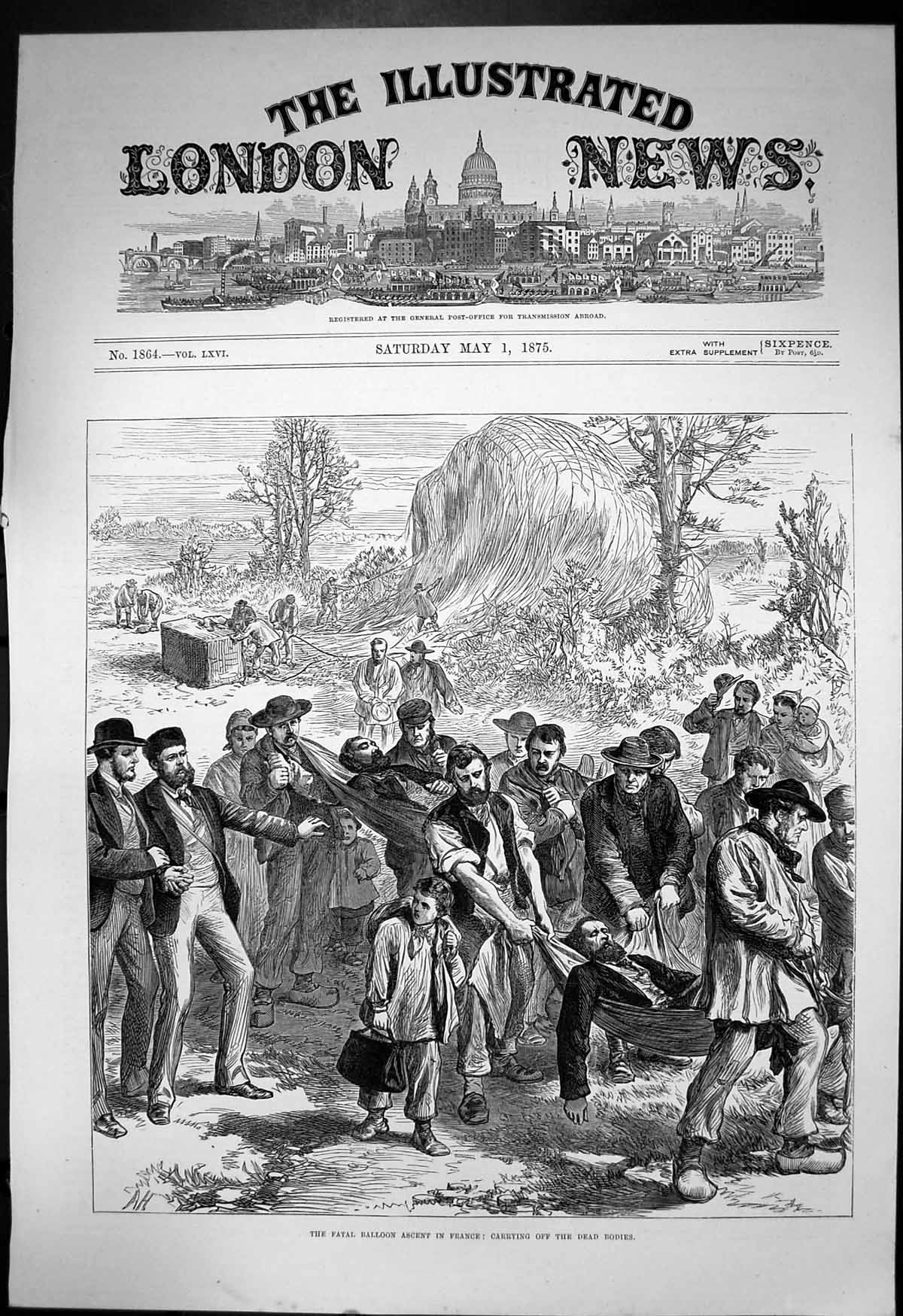 Antique Old Print Fatal Balloon Ascent France Carrying Off Dead Bodies 1875