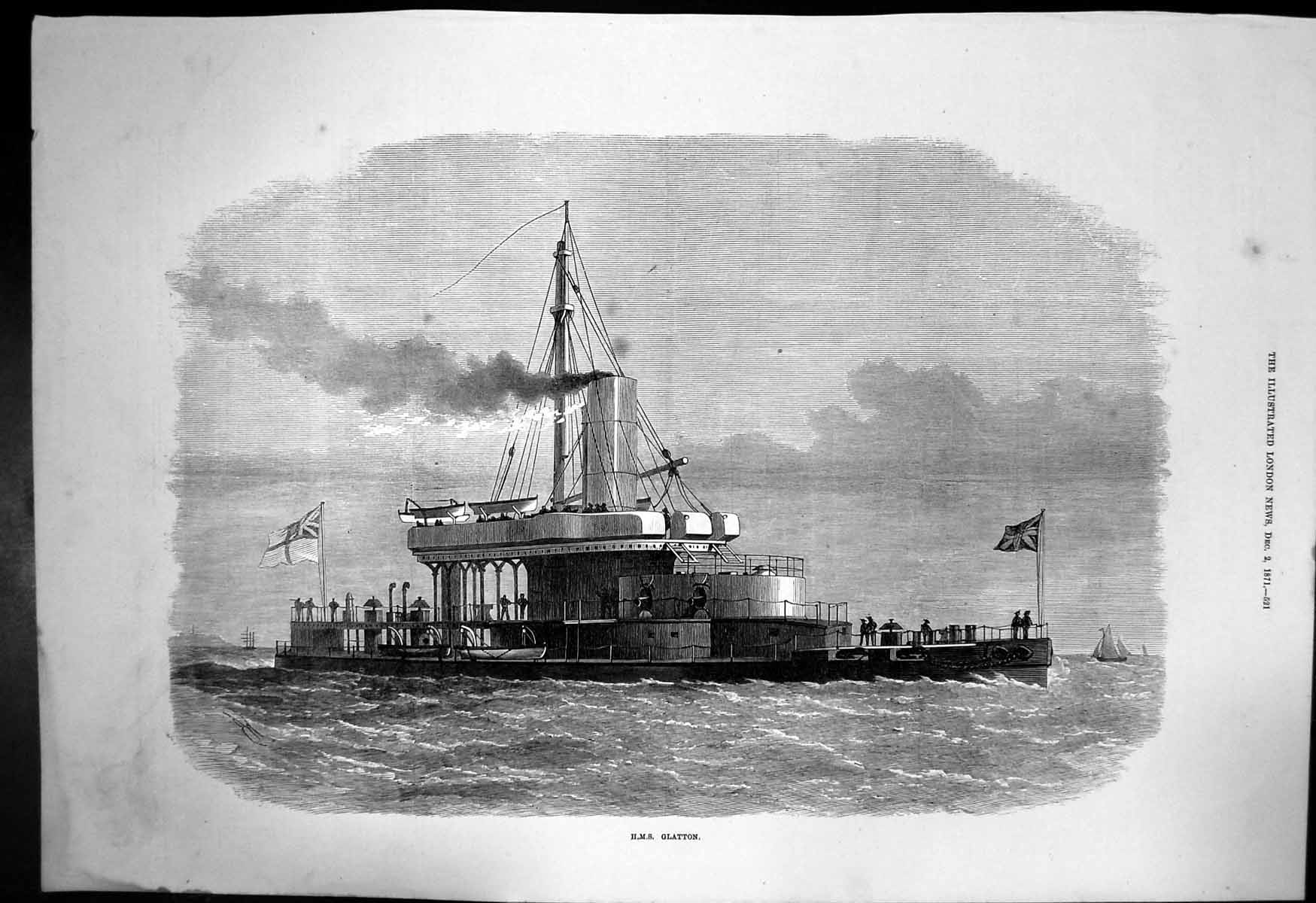 Original Old Antique Print Hms Glatton Large Ship Flying British Flag 1871 19th
