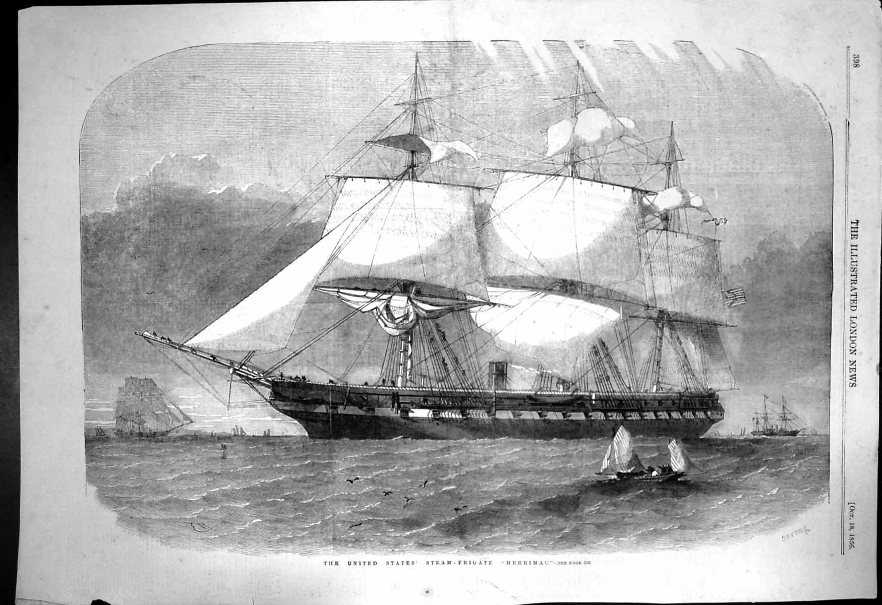 Original Old Antique Print United States Steam Frigate Merrimac 1856 Victorian