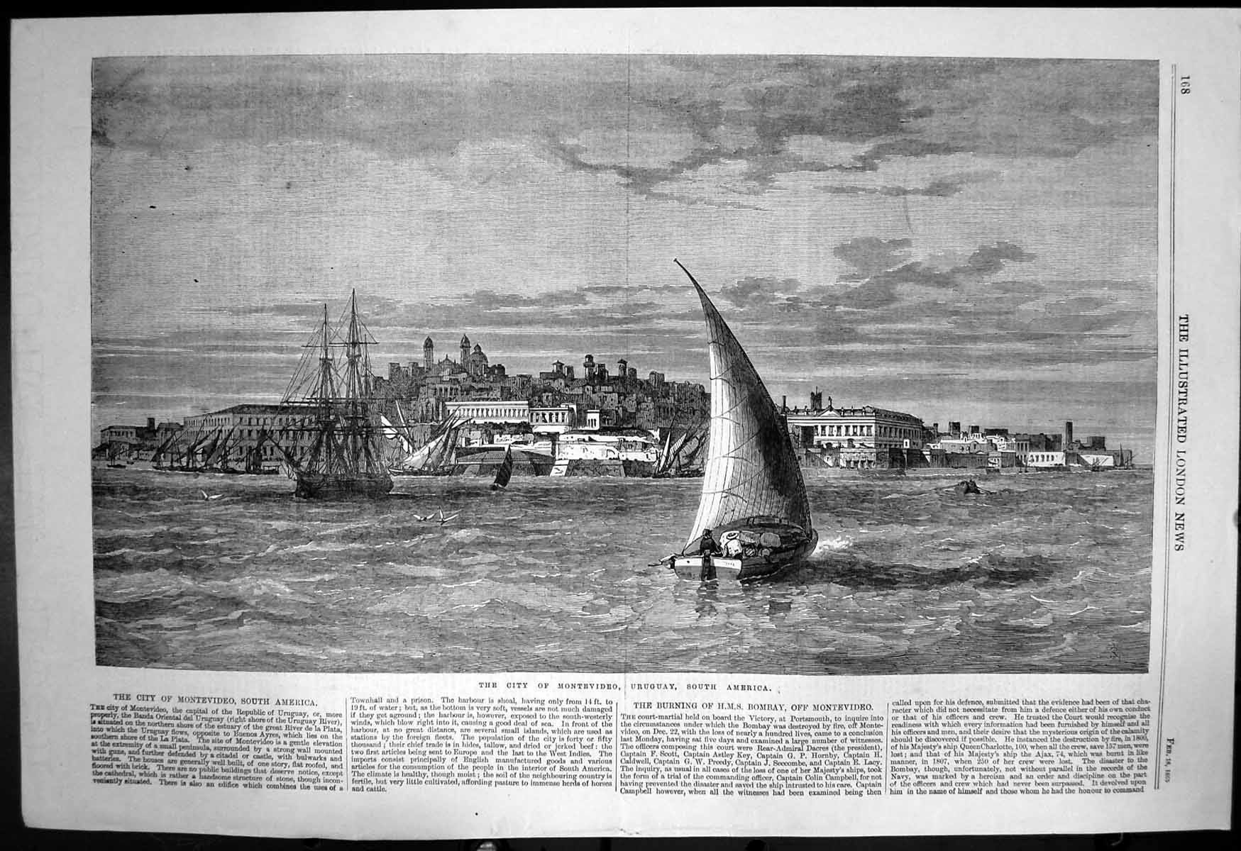 Antique Old Print City Montevideo Capital Republic Uruguay South America 1865