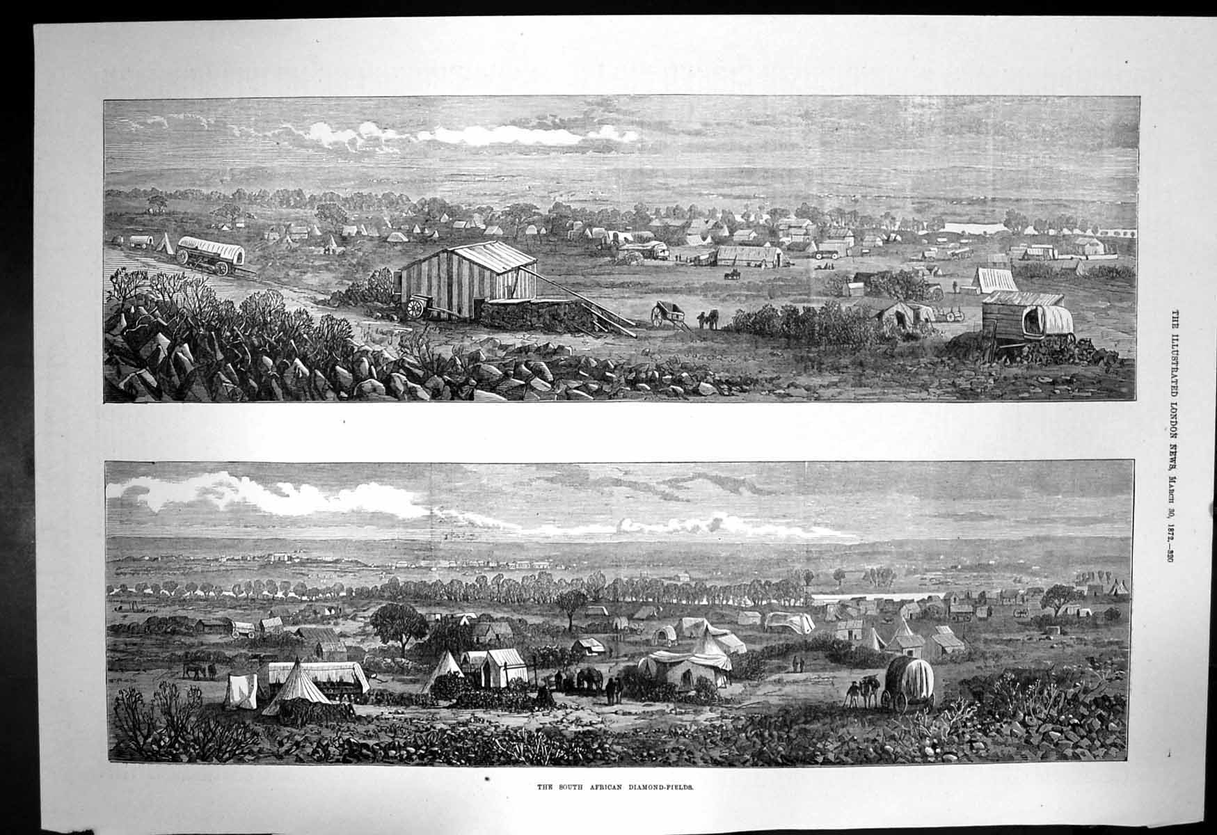 Original Old Antique Print South African Diamond Fields Camp Tents Workers 1872