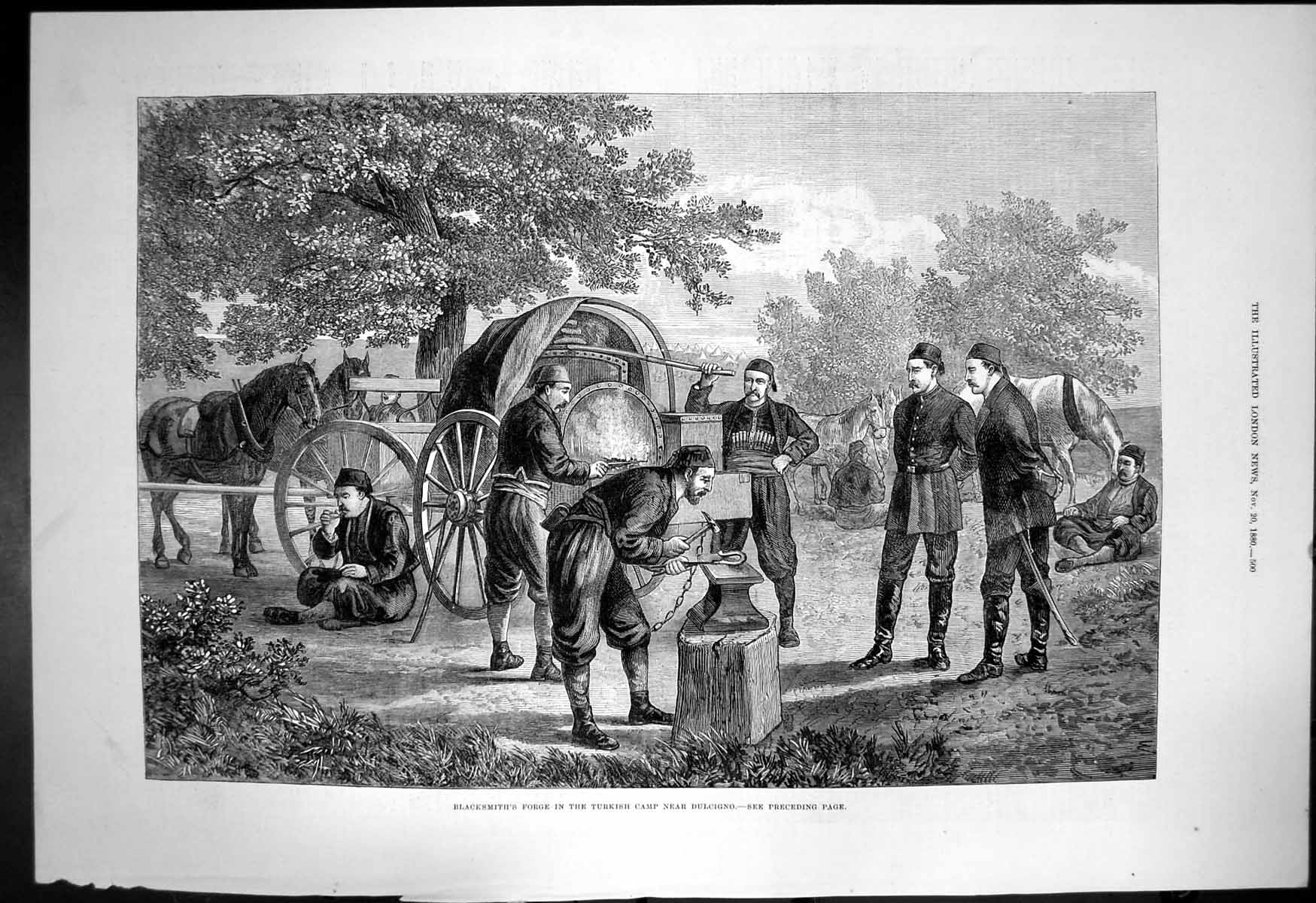 Original Old Antique Print Blacksmiths Forge Turkish Camp Near Dulcigno 1880