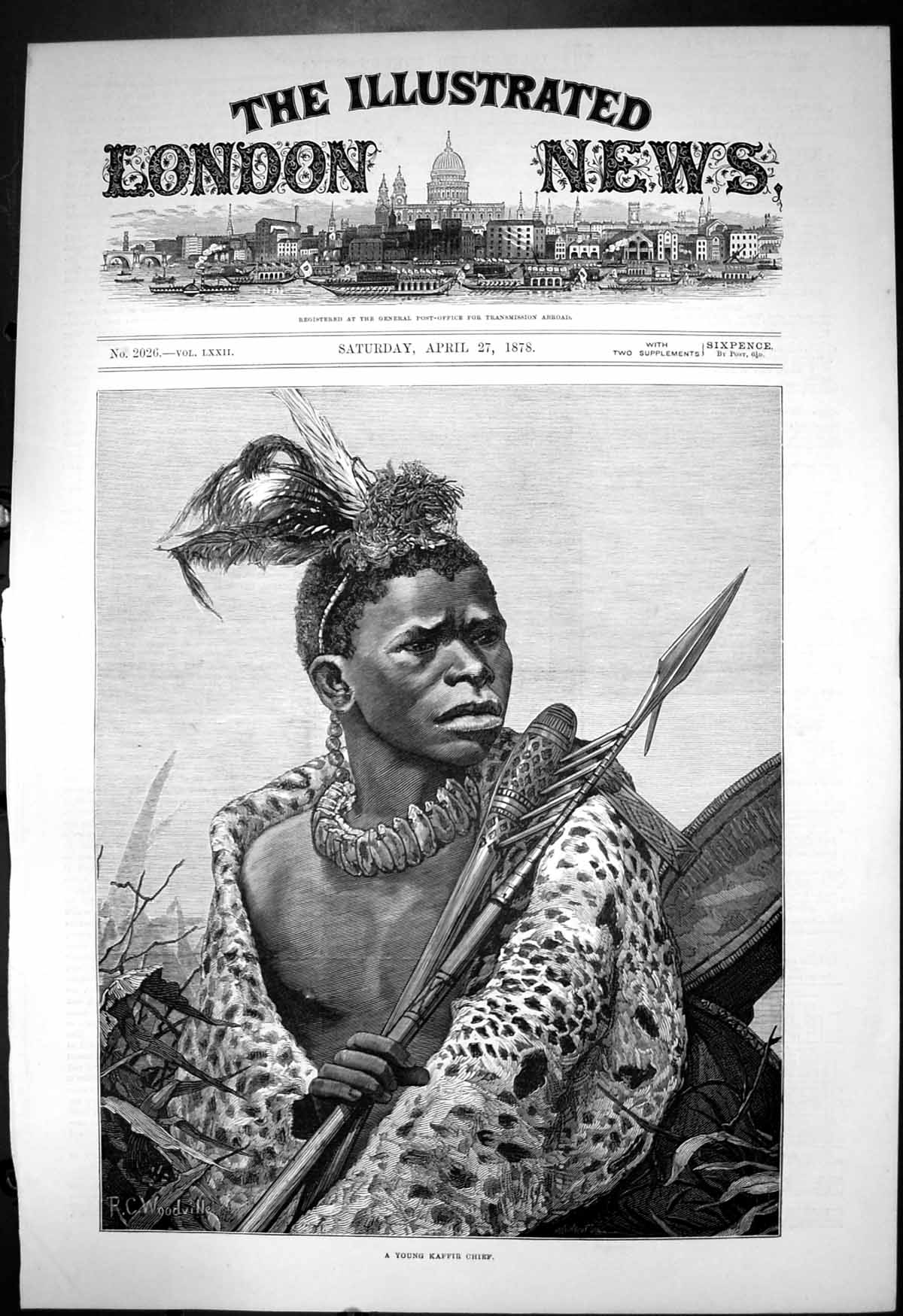 Antique Old Print Young Kaffir Chief Hing Spear Feather Headdress Beads 1878