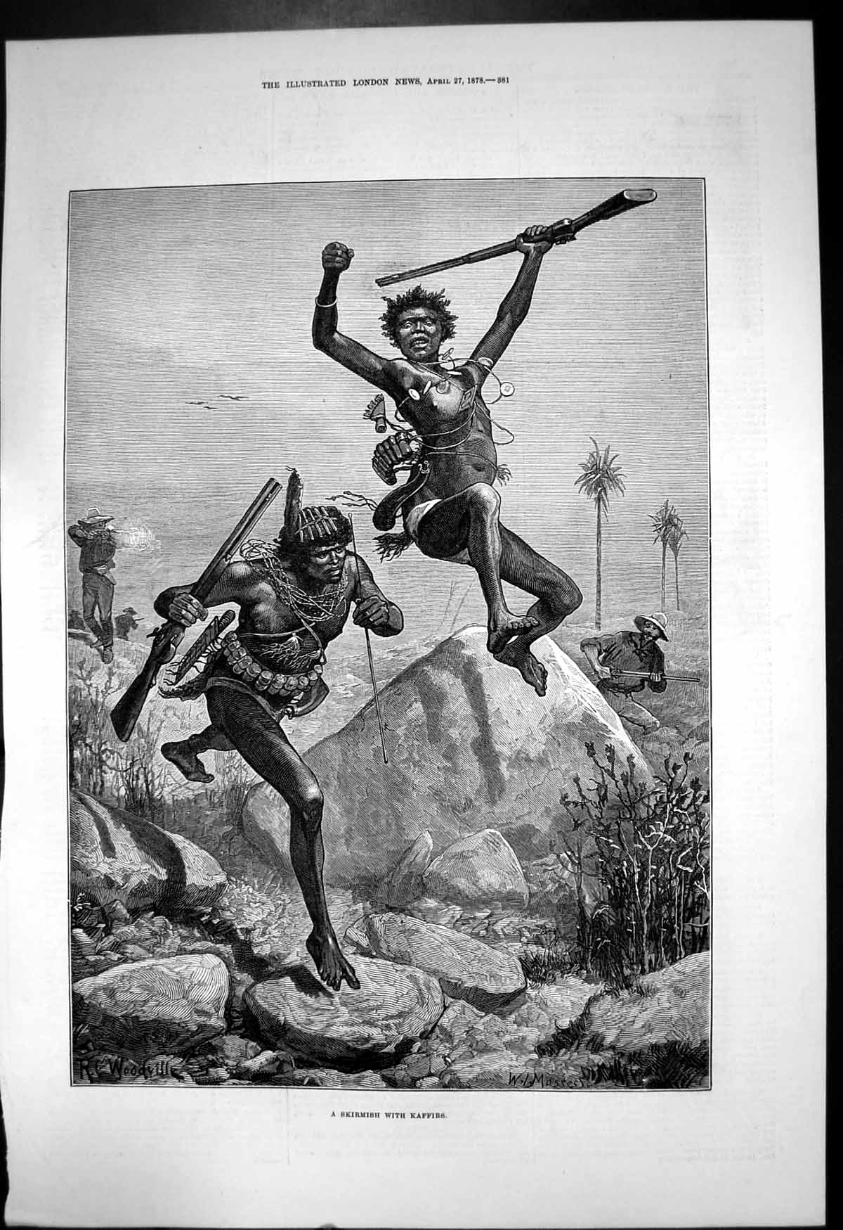 Old Antique Print Skirmish With Kaffirs Shooting Rocks Rifles Knives 1878 19th