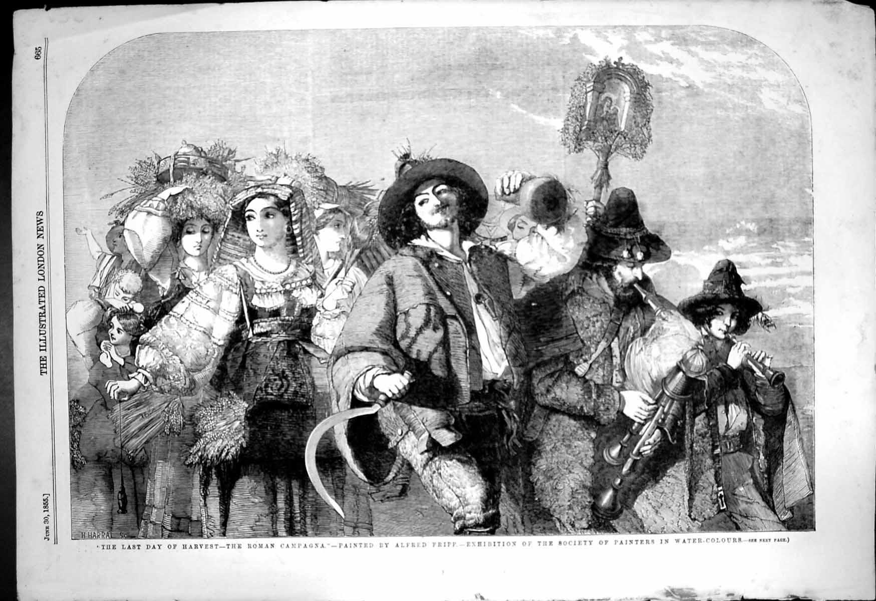 Original Old Antique Print Last Day Harvest Roman Campagna Alfred Fripp 1855
