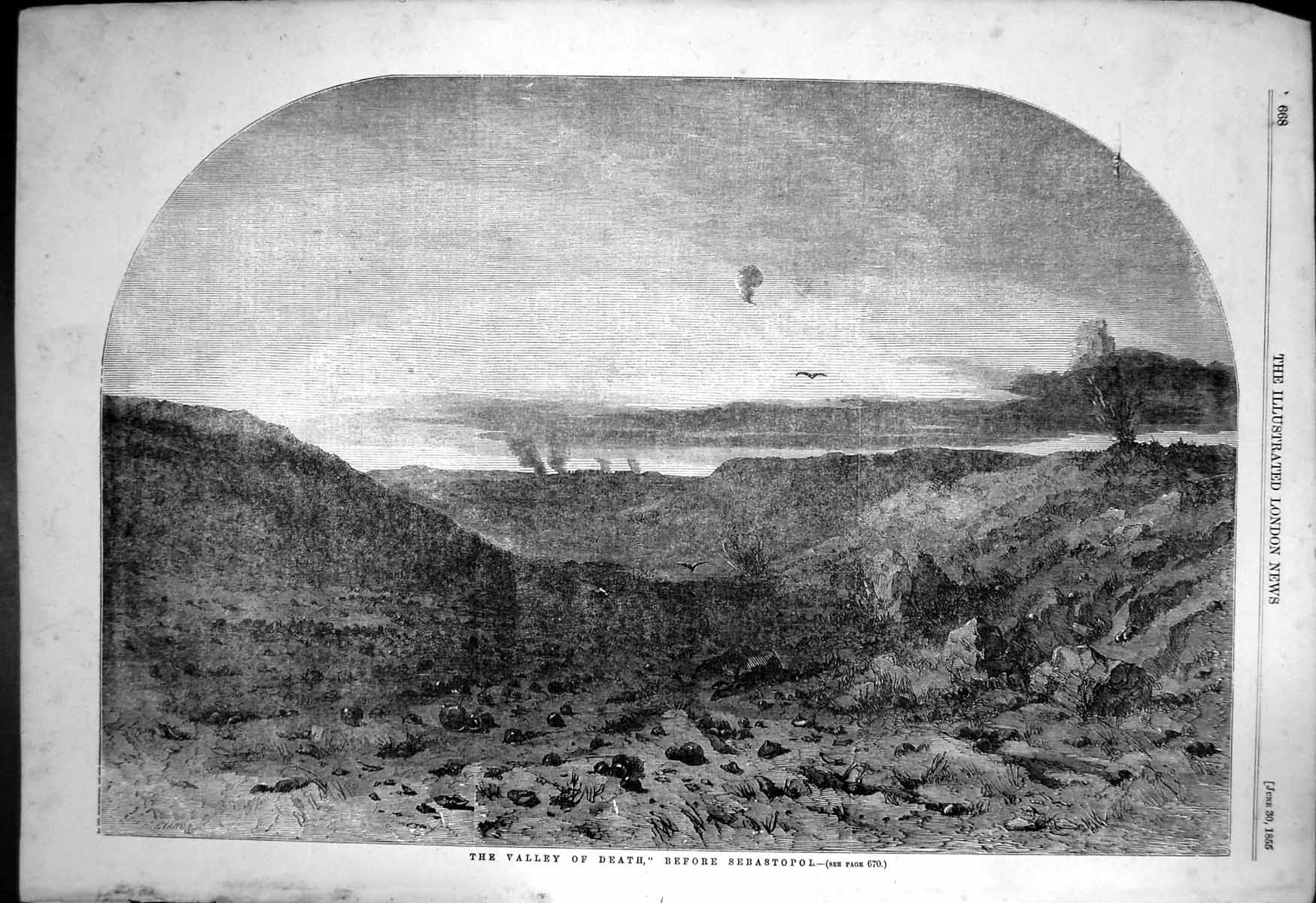 Original Old Antique Print Valley Death Before Sebastopol Fires Distance 1855