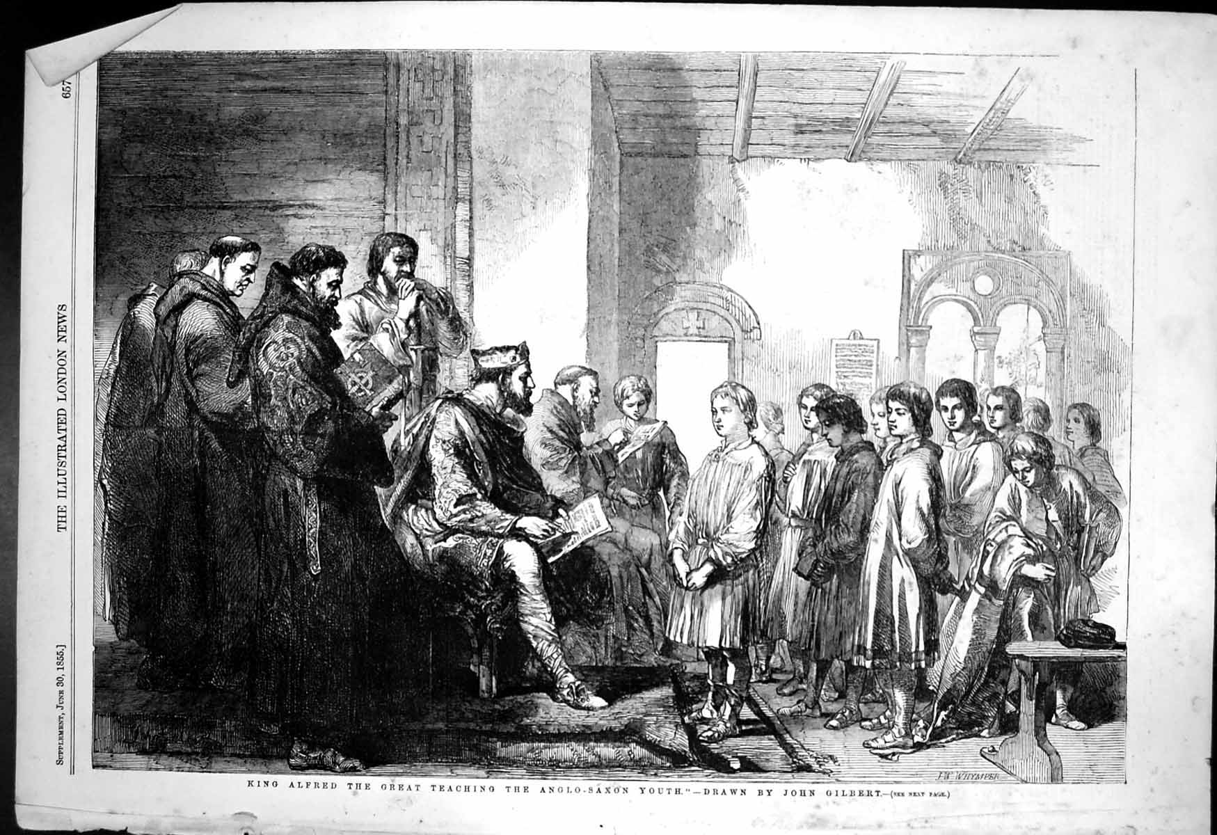 Old Print King Alfred Great Teaching Anglo Saxon Youth John Gilbert 1855 19th