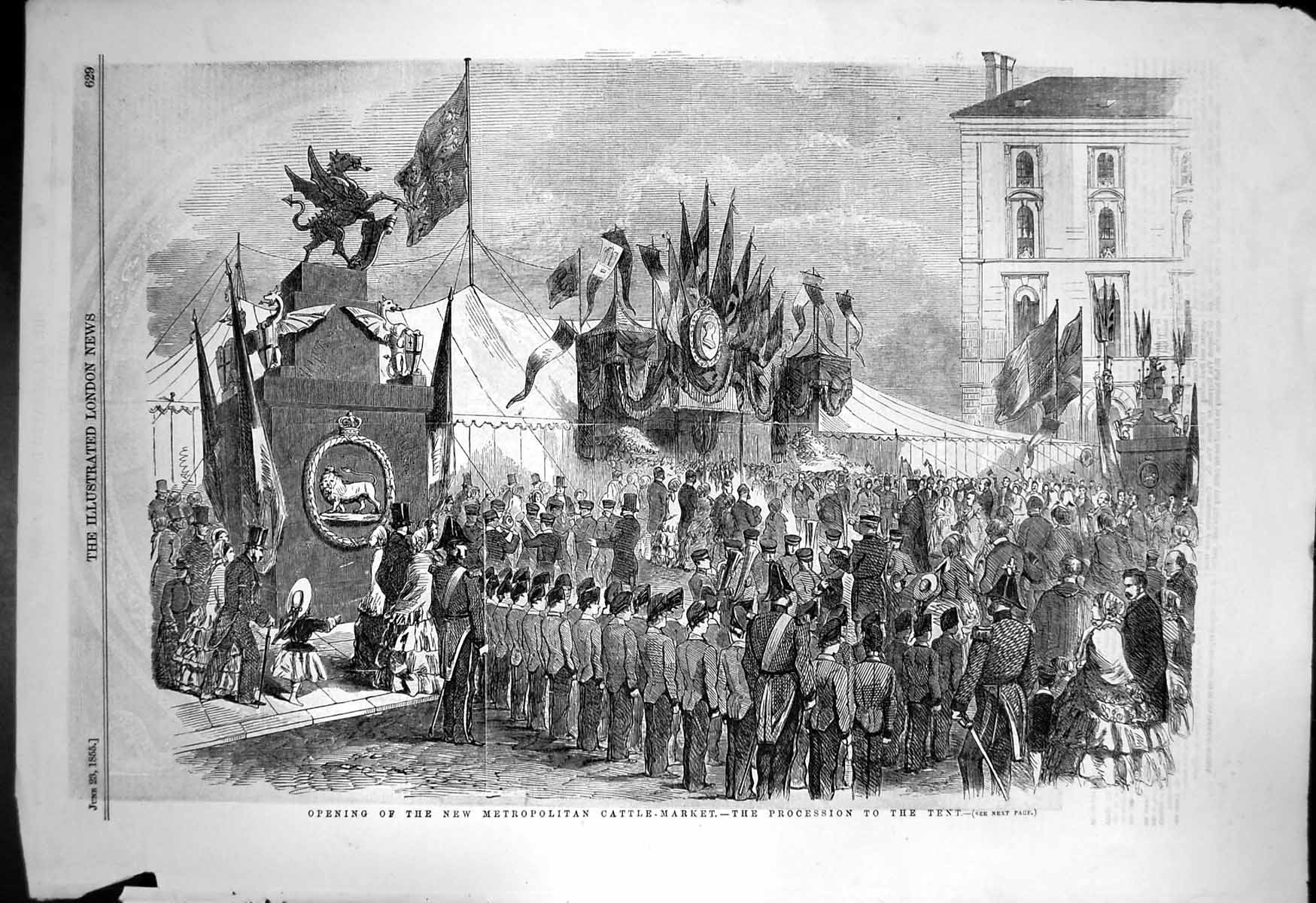Antique Old Print Opening New Metropolitan Cattle Market Procession Tent 1855