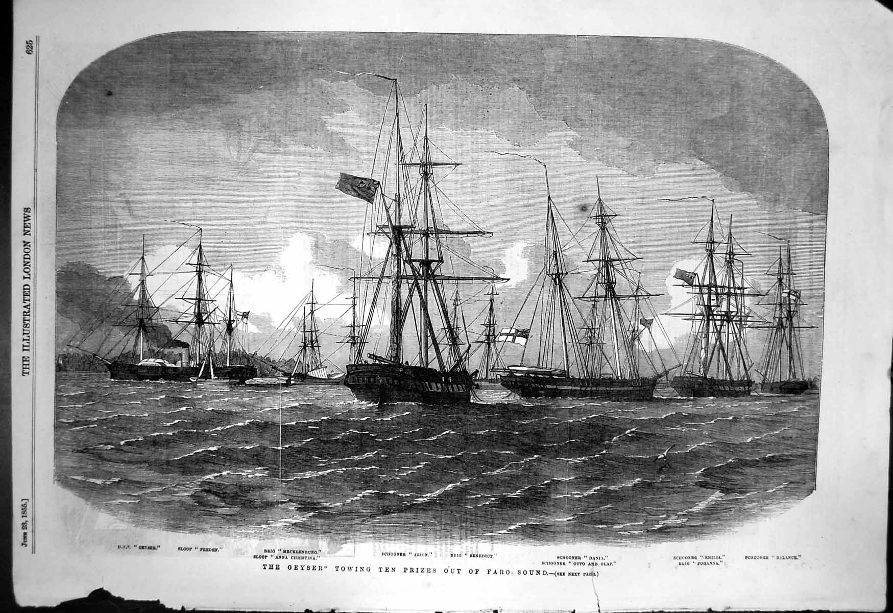 Antique Print Geyser Towing Ten Prizes Faro Sound Arion Benedict Dania 1855