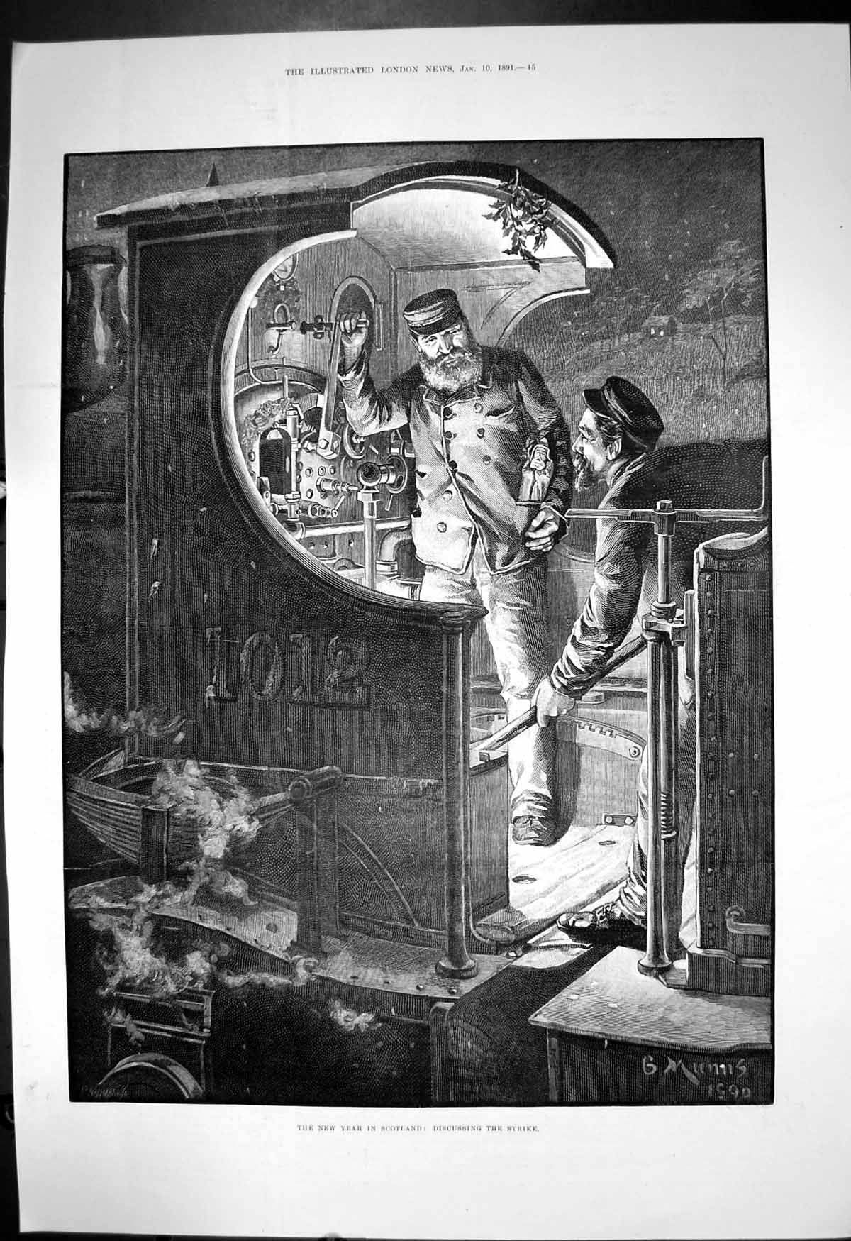Old Antique Print New Year Scotland Discussing Strike Railway Engine 1891 19th