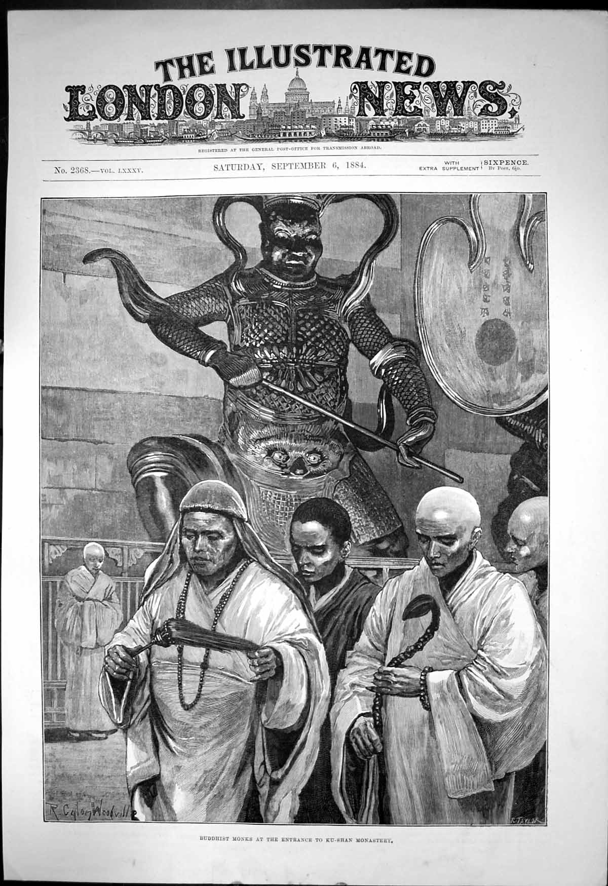 Original Old Antique Print Buddhist Monks At Entrance Ku Shan Monastery 1884