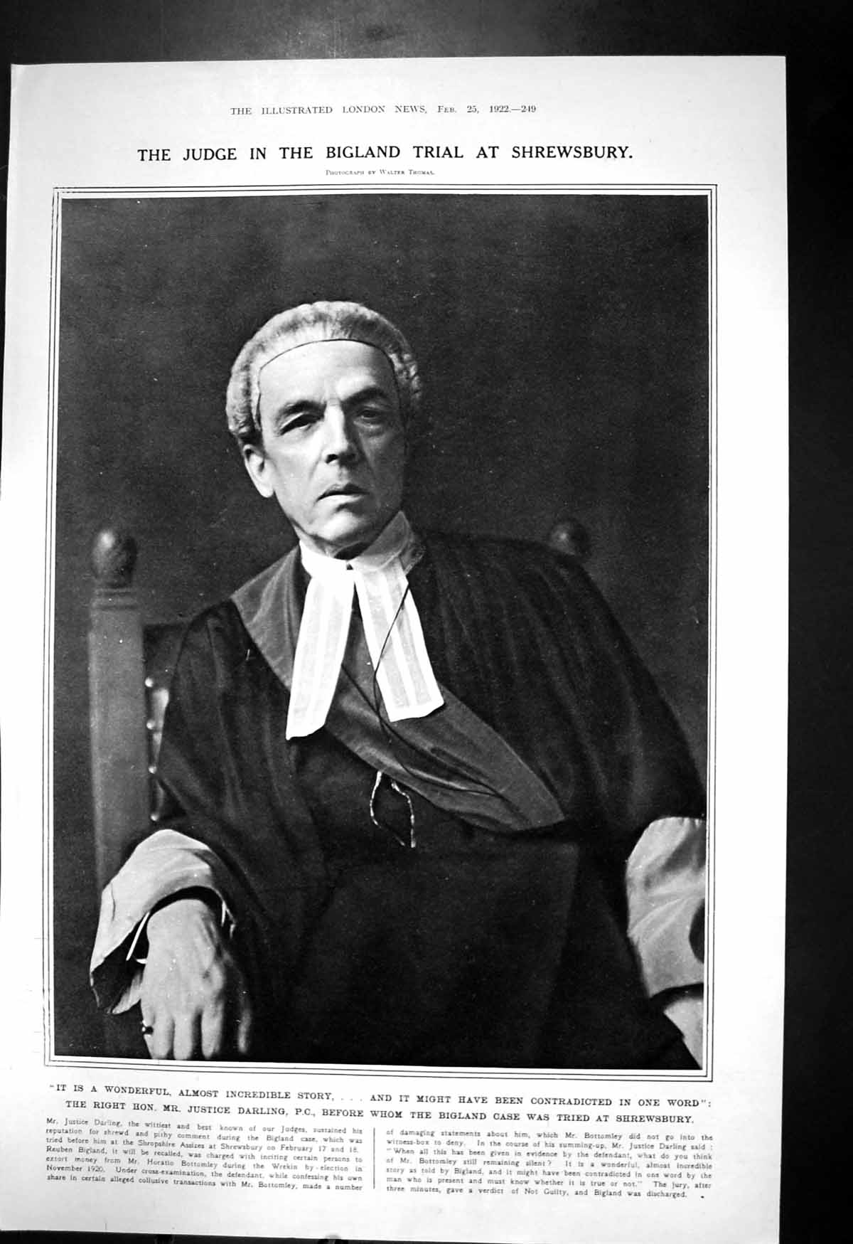 Antique Old Print Judge Bigland Trial Shrewsbury Mr Justice Darling Pc 1922