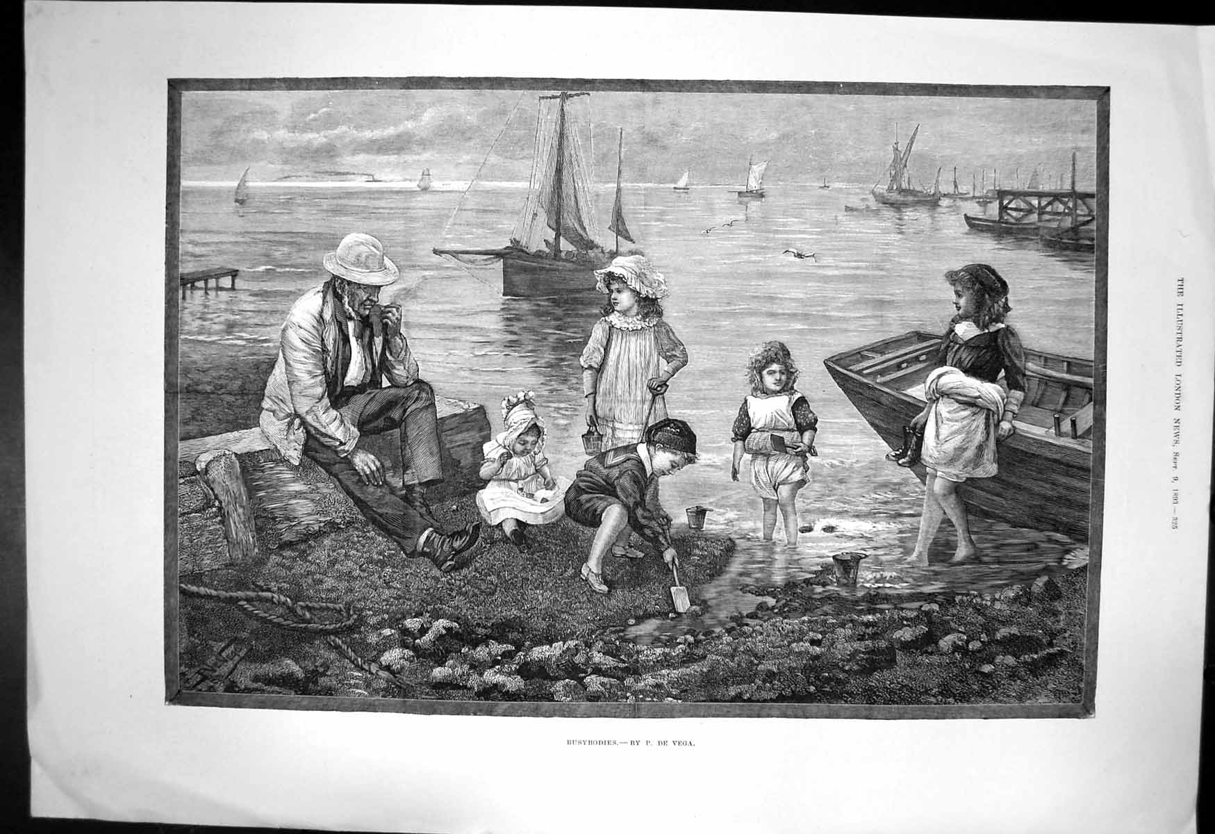 Old Antique Print Busybodies P De Vega Man Seaside Children Playing 1893 19th