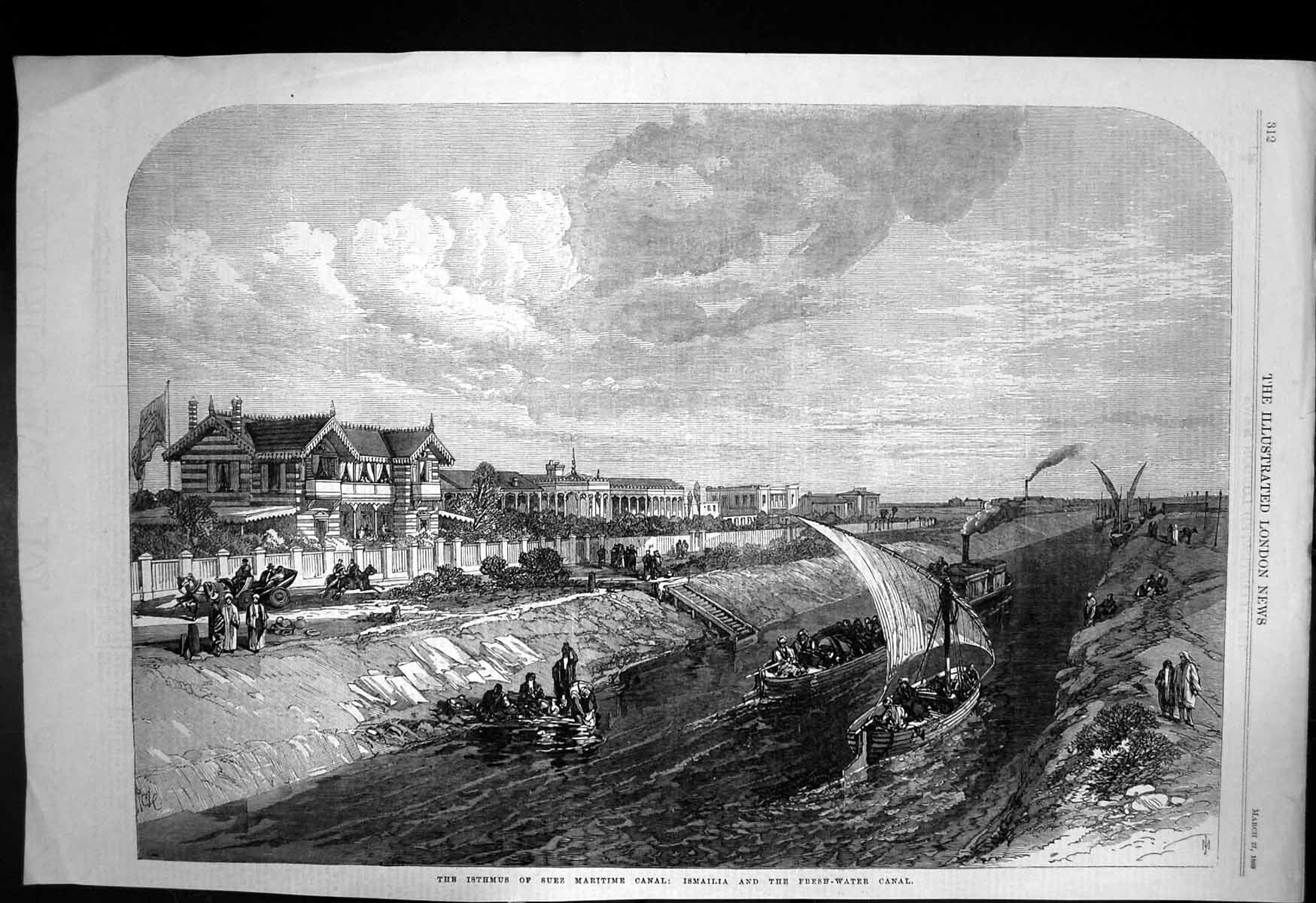 Antique Old Print Isthmus Suez Maritime Canal Ismalia Fresh Water Canal 1869