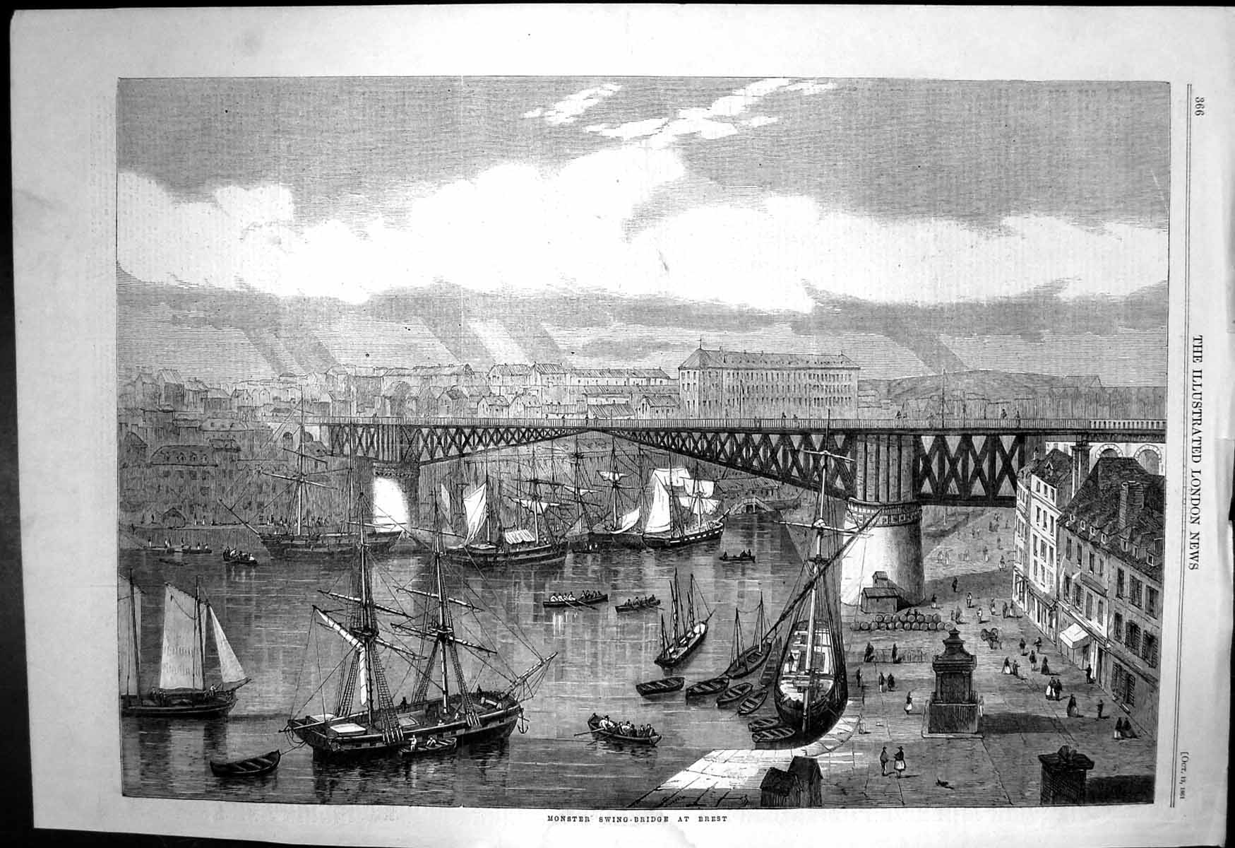 Original Old Antique Print Monster Swing Bridge Brest Ships River Below 1861