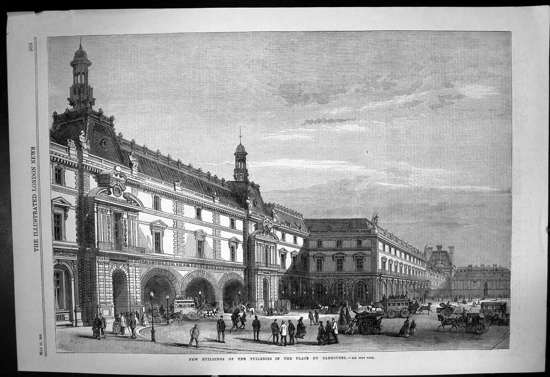 Old Antique Print New Buildings Tuileries Place Du Carrousel Seine 1869 19th
