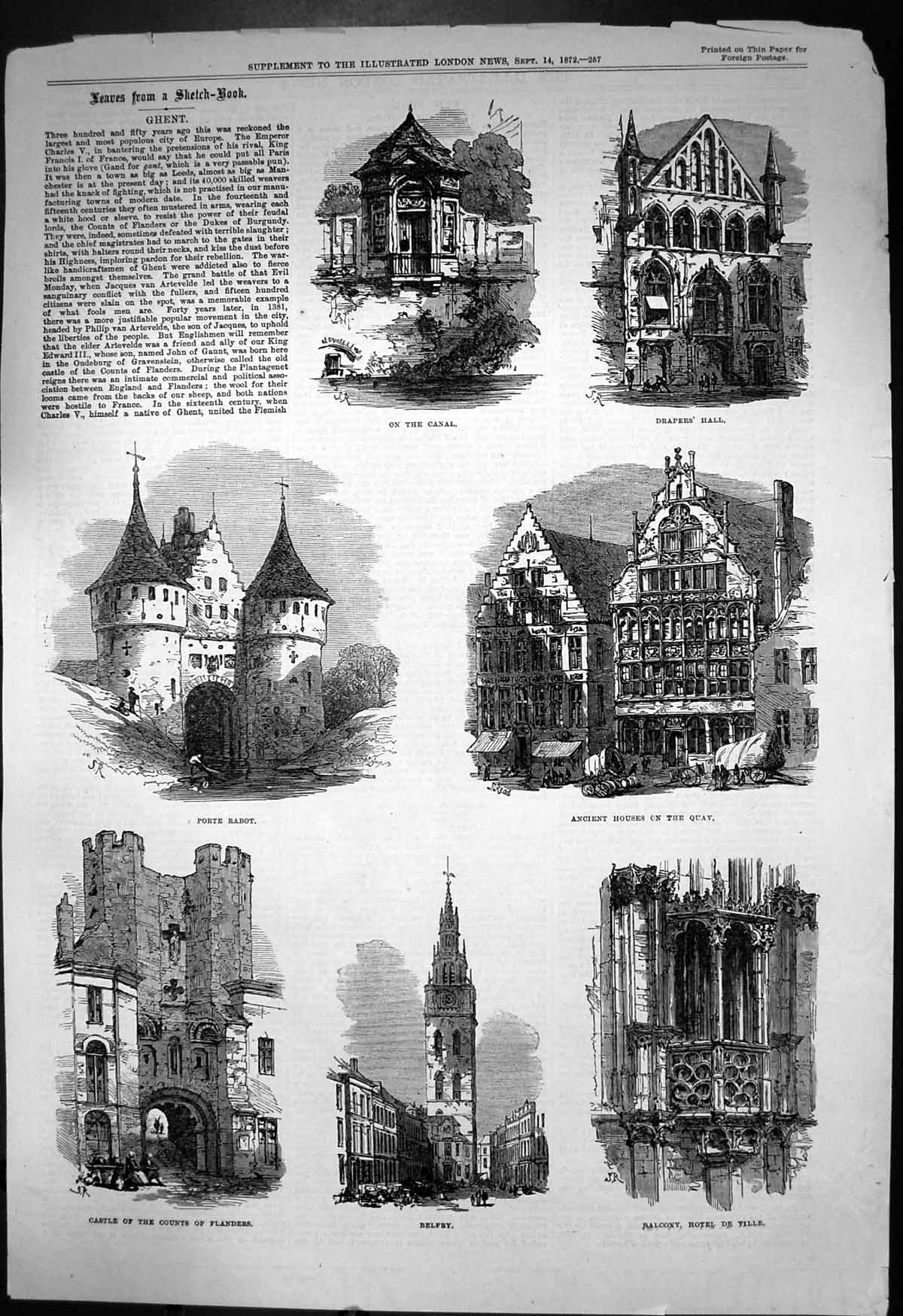 Old Ghent Canal Drapers Hall Porte Rabot Castle Counts Flanders 1872 Victorian
