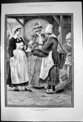 Original Old Antique Print Fish Market Honfleur W J Hennesey Woman Baskets 1884