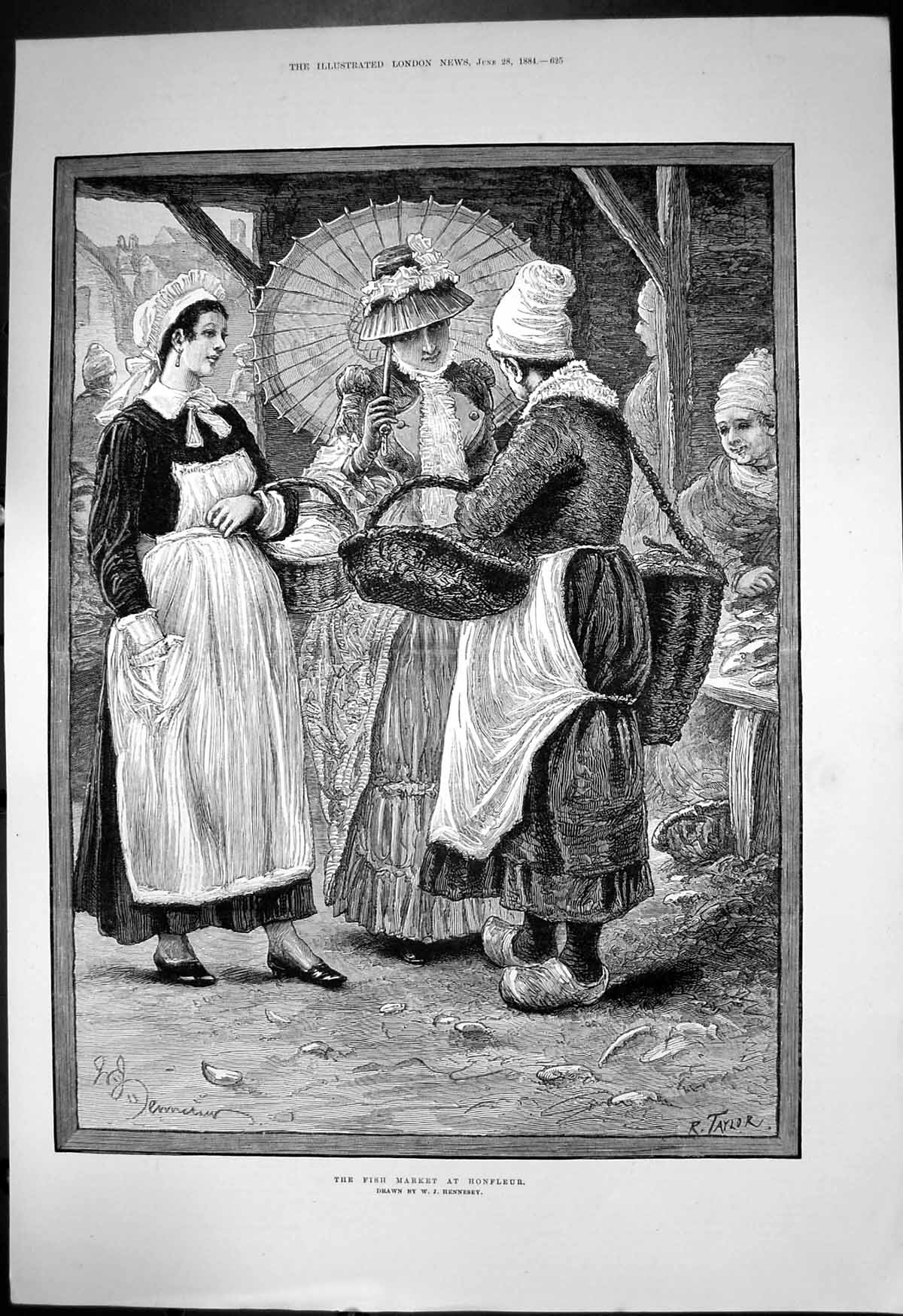 Original Old Antique Print Fish Market Honfleur W J Hennesey Woman Baskets 1884