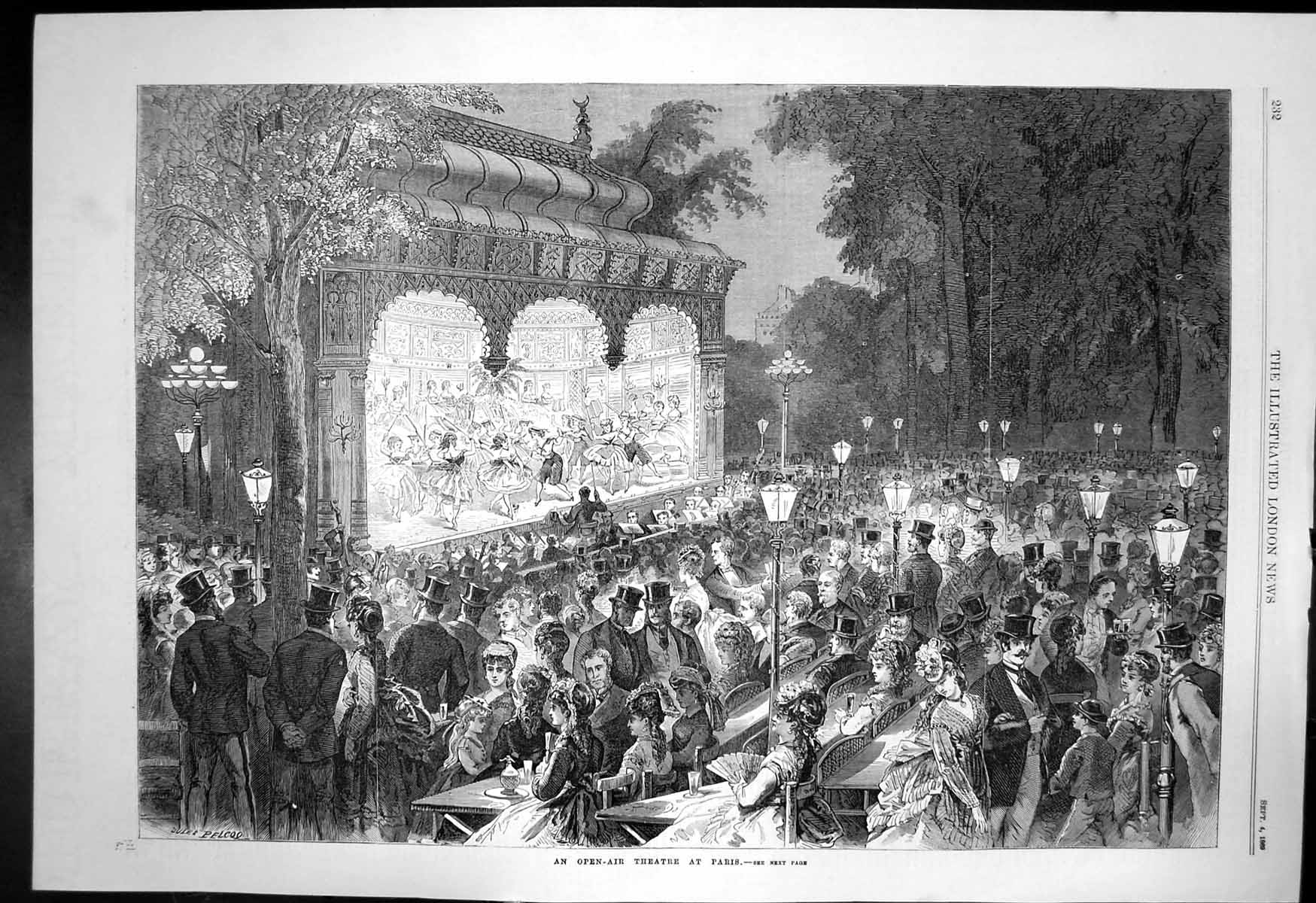 Old Print Open Air Theatre Paris Stage Illuminated Spectators Tables 1869 19th