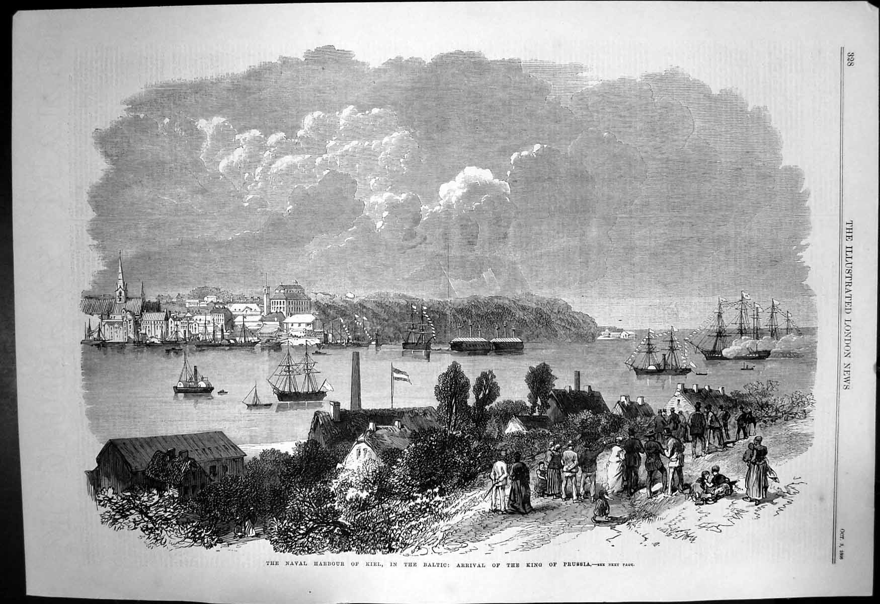 Original Old Antique Print Naval Harbour Kiel Baltic Arrival King Prussia 1868