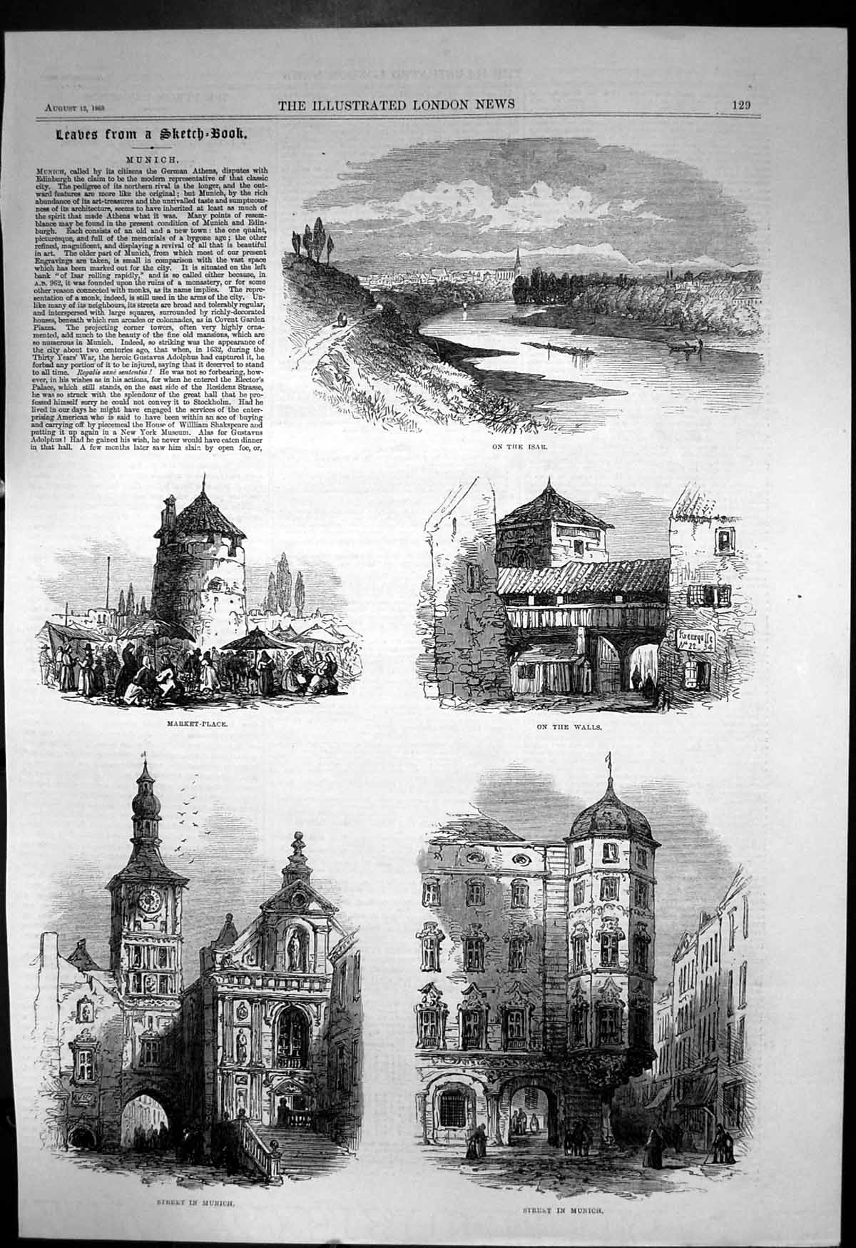 Antique Print Munich On Isar Walls Market Place Views Street Buildings 1865